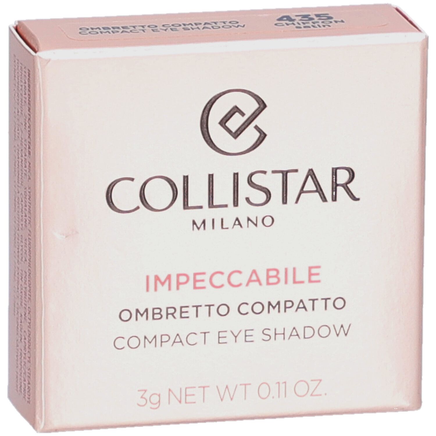 Roze doos. Collistar Milano, Impeccabile Compact Eyeshadow. 435 Chiffon Satin. 3g. Logo zichtbaar.