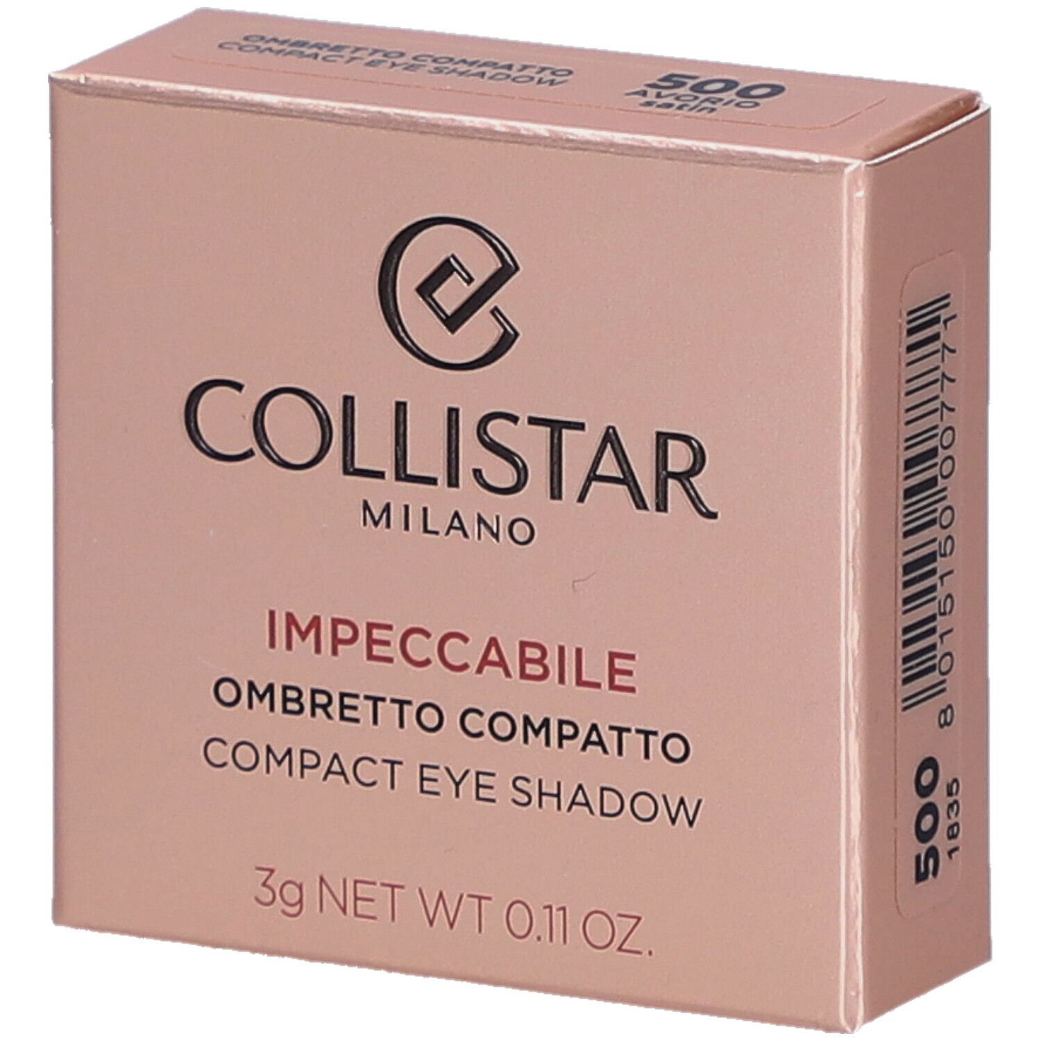 Compacte oogschaduwdoos. Merk: Collistar Milano. Tekst: Impeccabile Compact Eye Shadow. Kleur: 500 Avorio Satin.