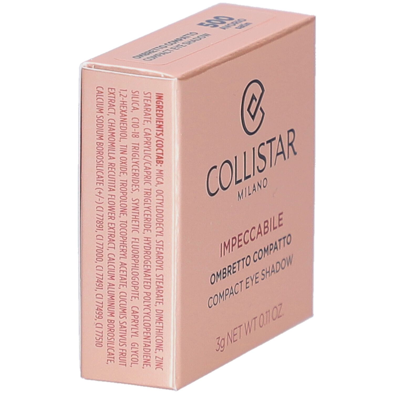 Compacte oogschaduwdoos. Merk: Collistar Milano. Tekst: Impeccabile Compact Eye Shadow. Ingrediënten afgedrukt.