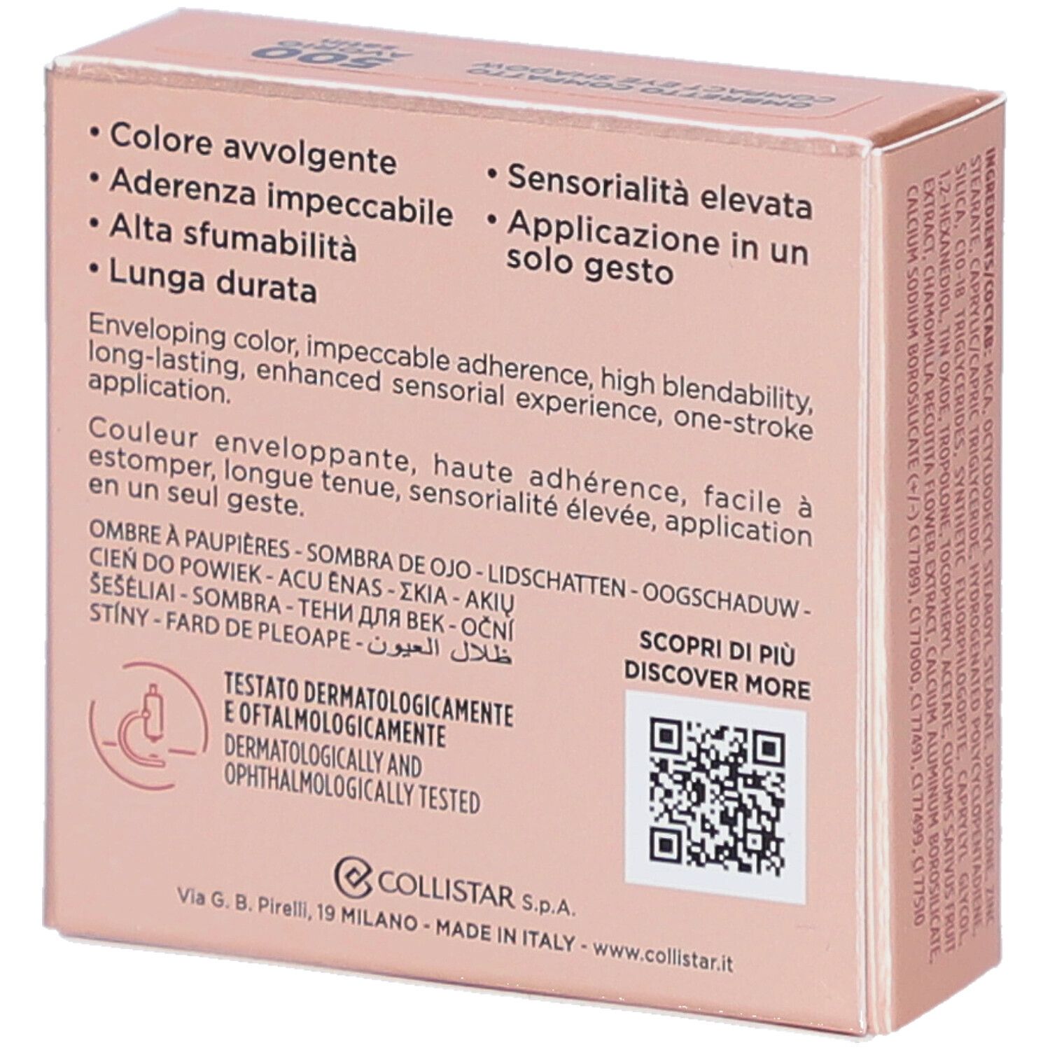 Achterkant van de oogschaduwdoos. Tekst: Collistar Milano. Dermatologisch en oftalmologisch getest. QR-code.