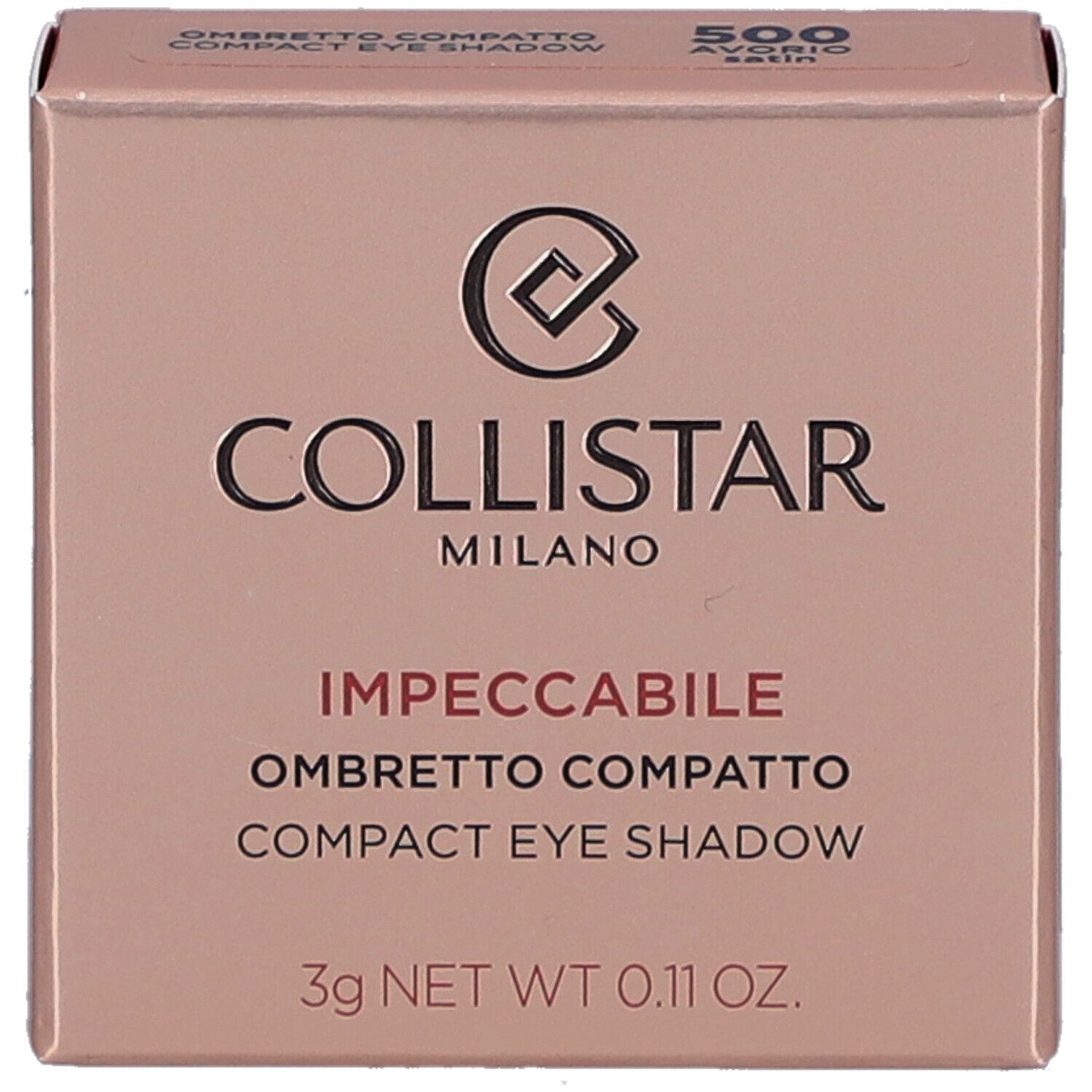 Compacte oogschaduwdoos. Merk: Collistar Milano. Tekst: Impeccabile Compact Eye Shadow. Kleur: 500 Avorio Satin.