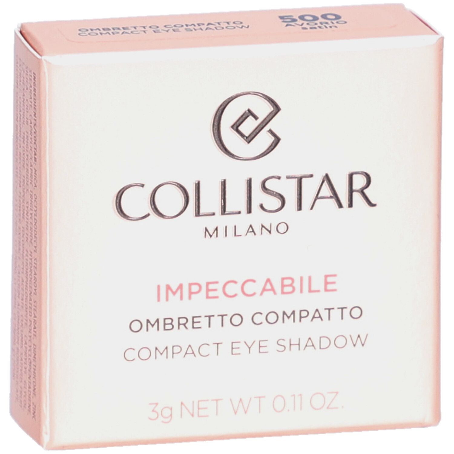 Compacte oogschaduwdoos. Merk: Collistar Milano. Tekst: Impeccabile Compact Eye Shadow. Kleur: 500 Avorio Satin.