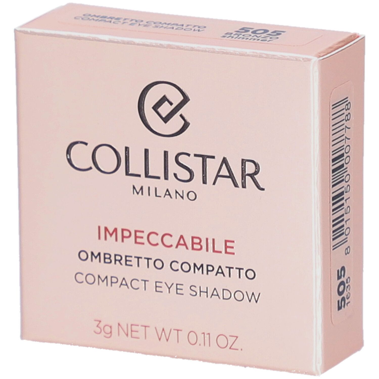 Collistar Impeccabile Compact Eyeshadow-verpakking. Roze-beige doos met logo en productinfo.