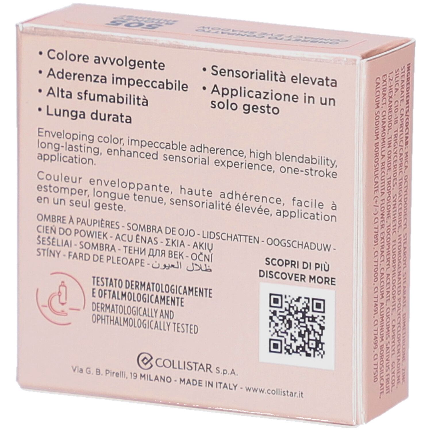 Achterkant Collistar Compact Eyeshadow-verpakking. Tekst, QR-code, logo en certificering.
