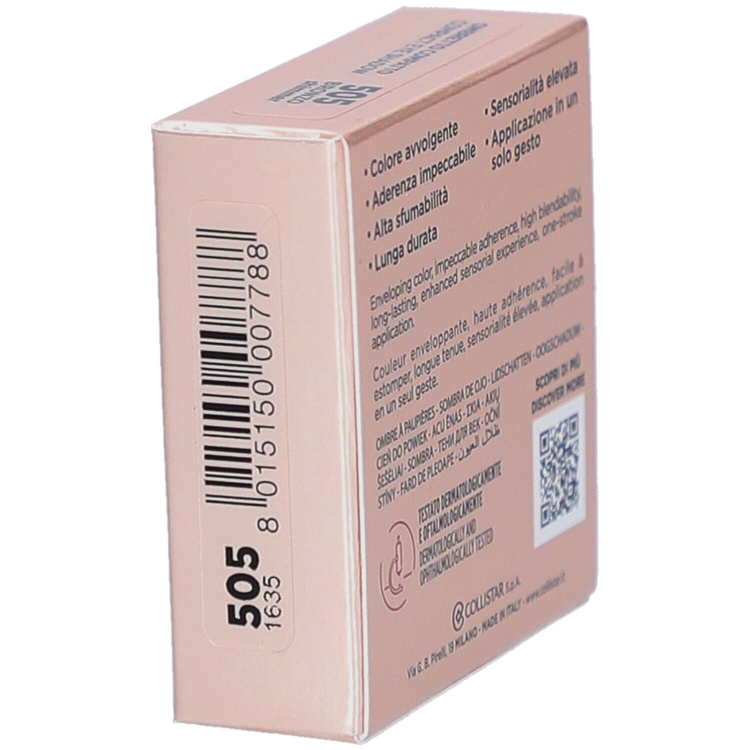 Achterkant Collistar Compact Eyeshadow-verpakking. Barcode, tekst, logo en certificering.