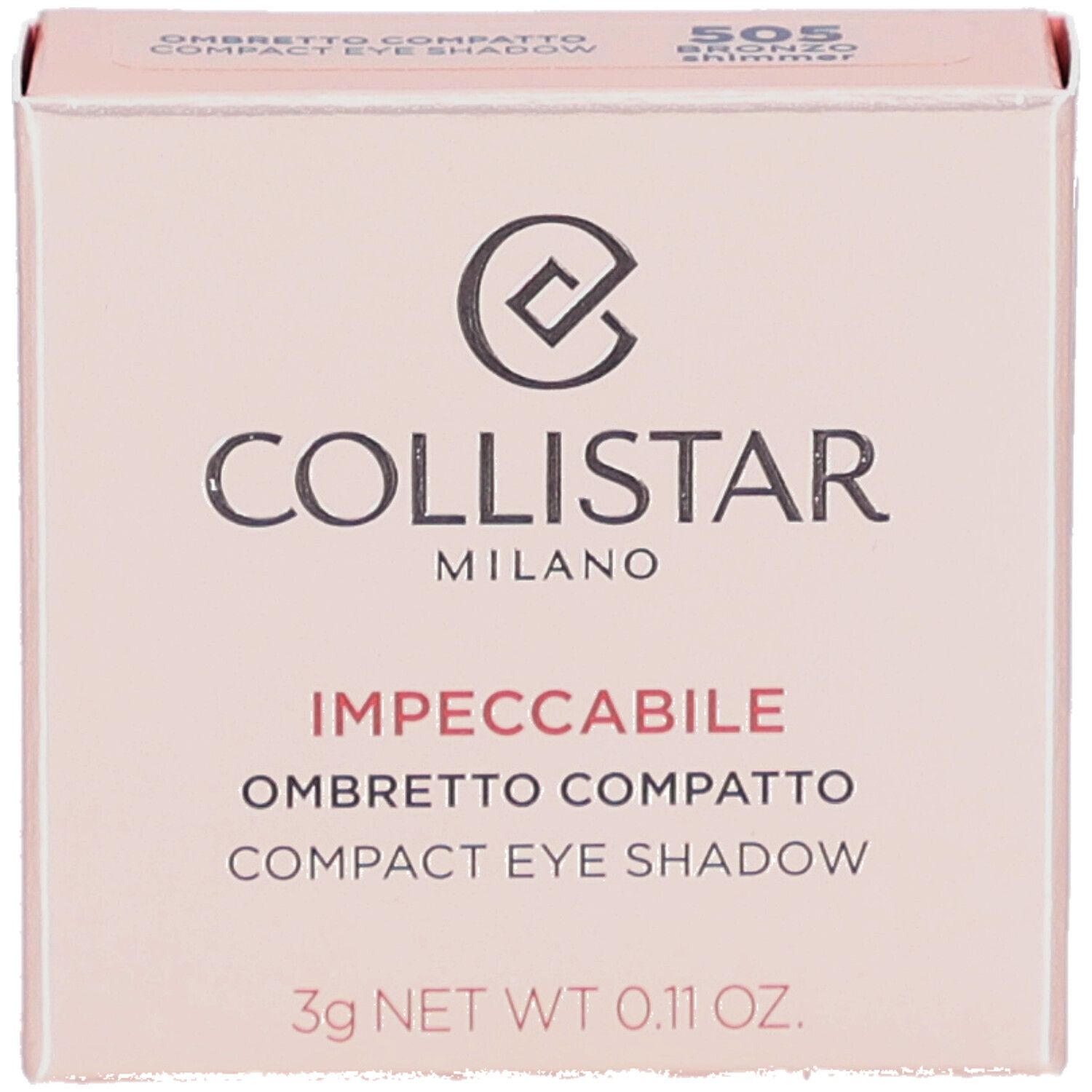 Collistar Impeccabile Compact Eyeshadow-verpakking. Roze-beige doos met logo en productinfo.