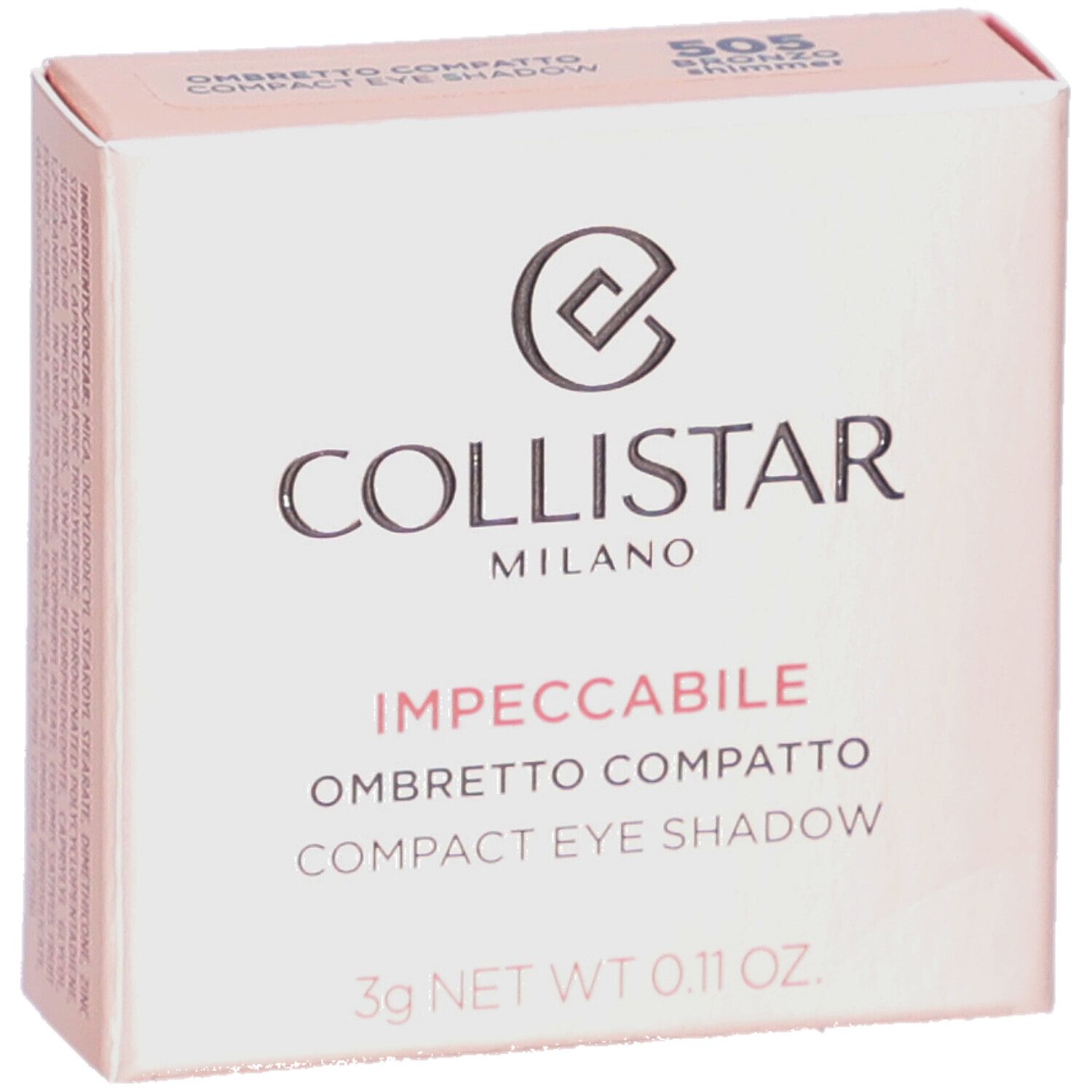 Collistar Impeccabile Compact Eyeshadow-verpakking. Roze-beige doos met logo en productinfo.