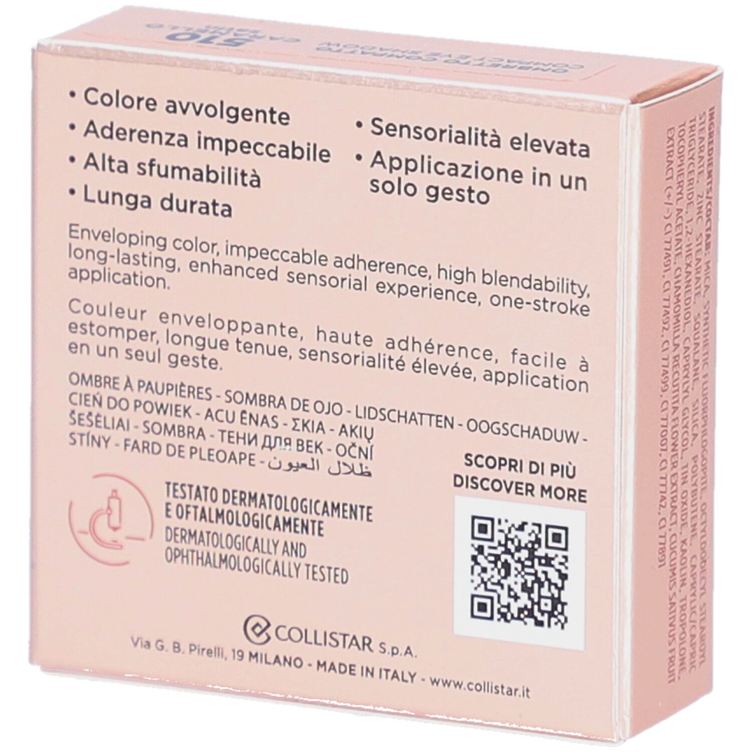 Dos du packaging de fard à paupières rose. Texte: Couleur, adhérence, couvrance, tenue. Testé dermatologiquement et ophtalmologiquement.