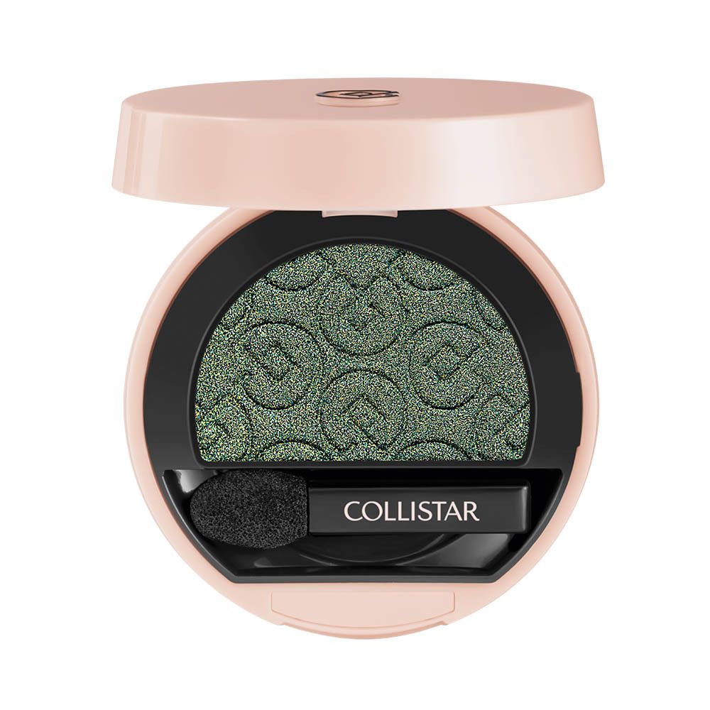 Collistar Compact Eyeshadow, geopend. Groene oogschaduw, applicator. Roze behuizing.