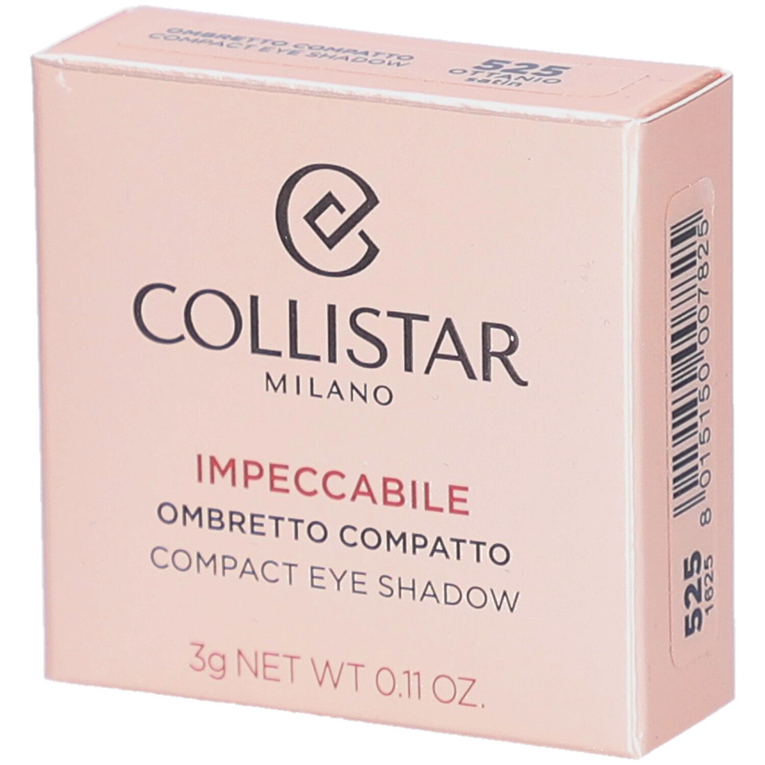 Collistar Compact Eyeshadow verpakking. Roze doos met productnaam en logo. Netto gewicht 3g. Kleurcode 525.