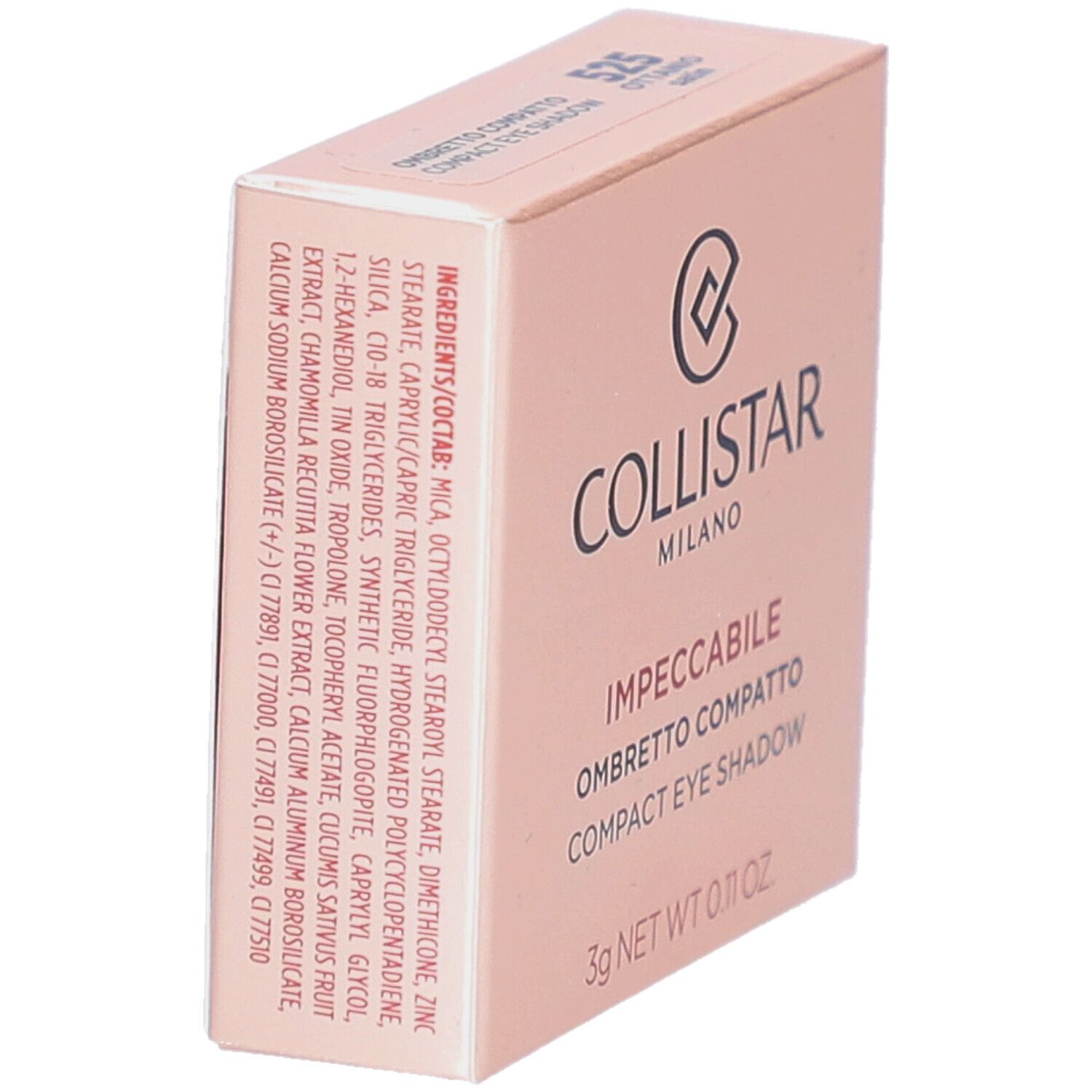 Collistar Compact Eyeshadow verpakking. Roze doos met productnaam en logo. Netto gewicht 3g. Kleurcode 525.