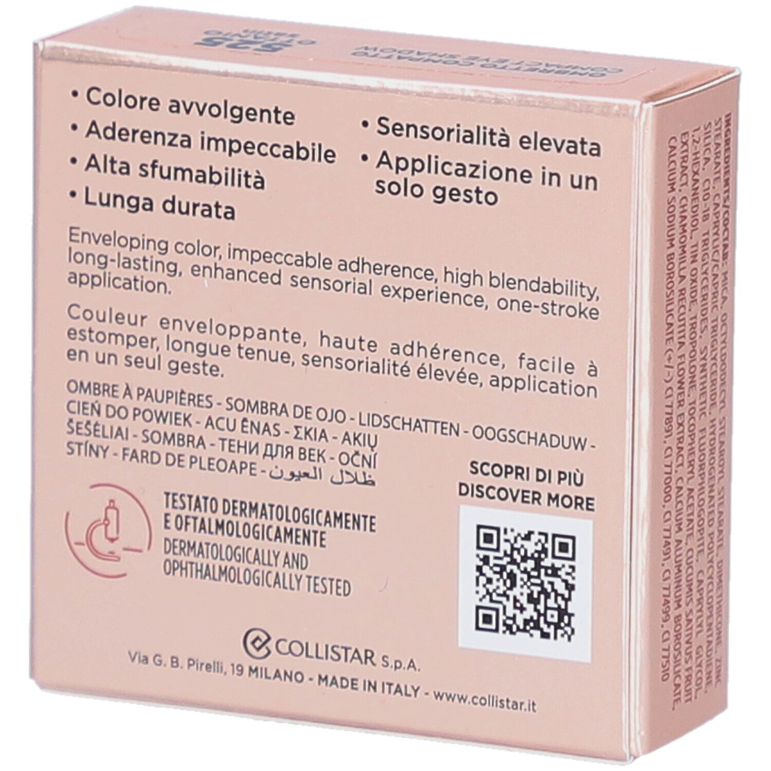 Achterkant Collistar Compact Eyeshadow verpakking. Tekst, QR-code, dermatologisch getest. Kleurcode 525.