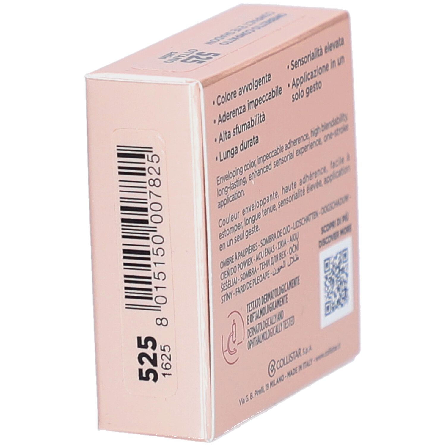 Achterkant Collistar Compact Eyeshadow verpakking. Tekst, QR-code, dermatologisch getest. Kleurcode 525.