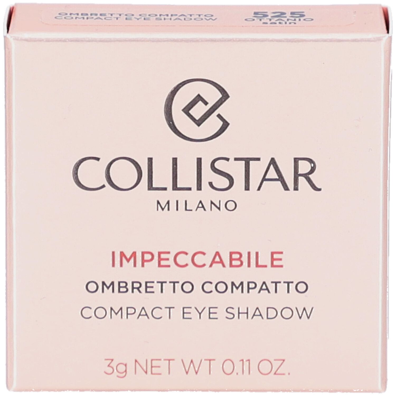 Collistar Compact Eyeshadow verpakking. Roze doos met productnaam en logo. Netto gewicht 3g. Kleurcode 525.