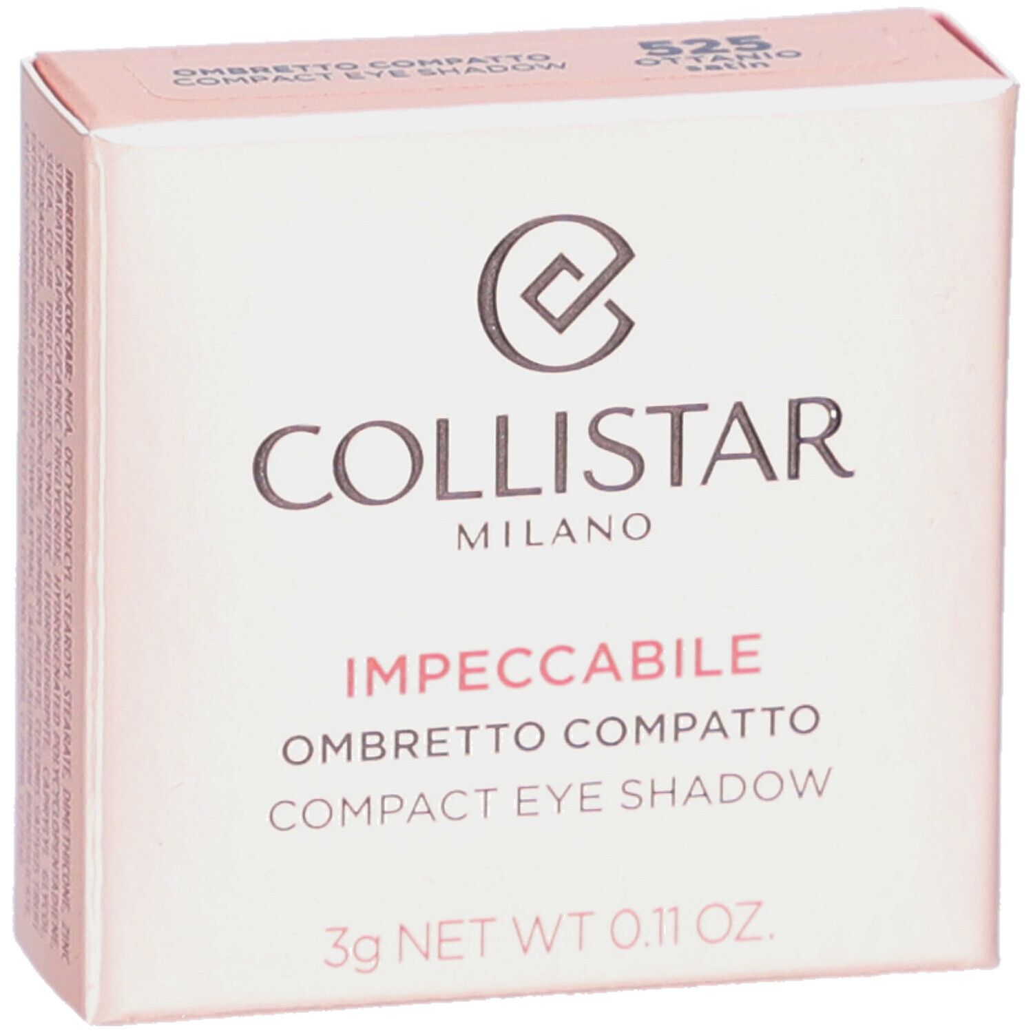 Collistar Compact Eyeshadow verpakking. Roze doos met productnaam en logo. Netto gewicht 3g. Kleurcode 525.