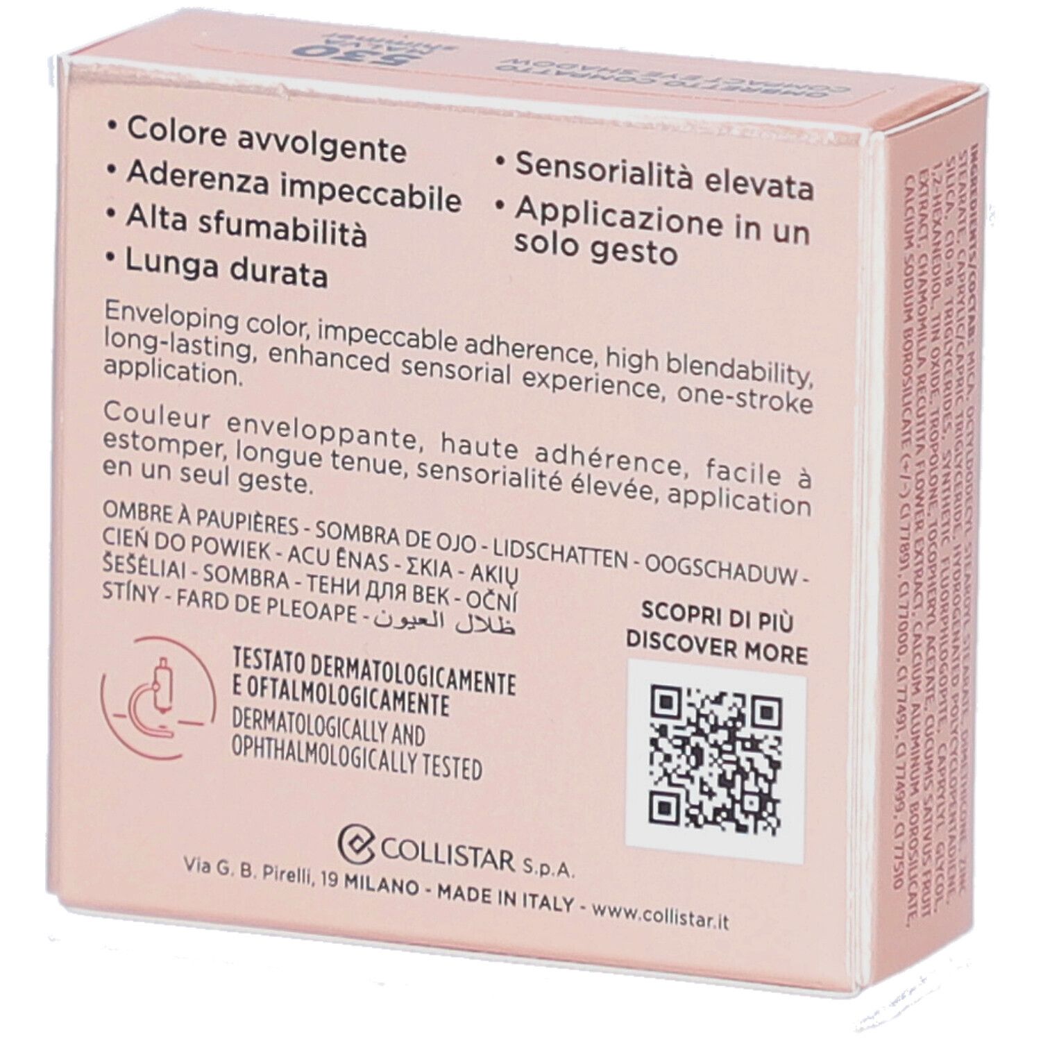 Dos de la boîte de fard à paupières. Marque Collistar. Texte avec avantages et code QR.