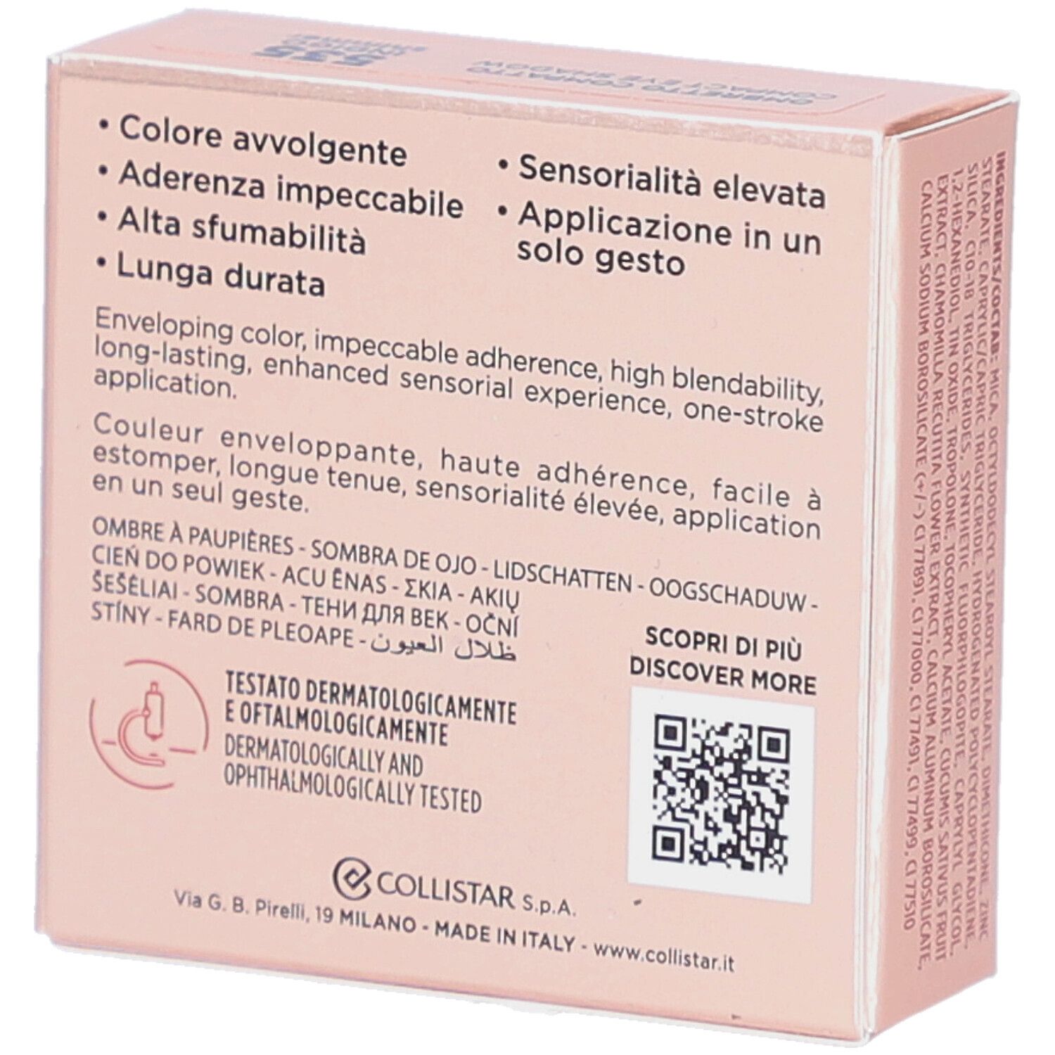 Boîte rose. Collistar Milano, Impeccabile Compact Eyeshadow. Texte imprimé. Testé dermatologiquement.