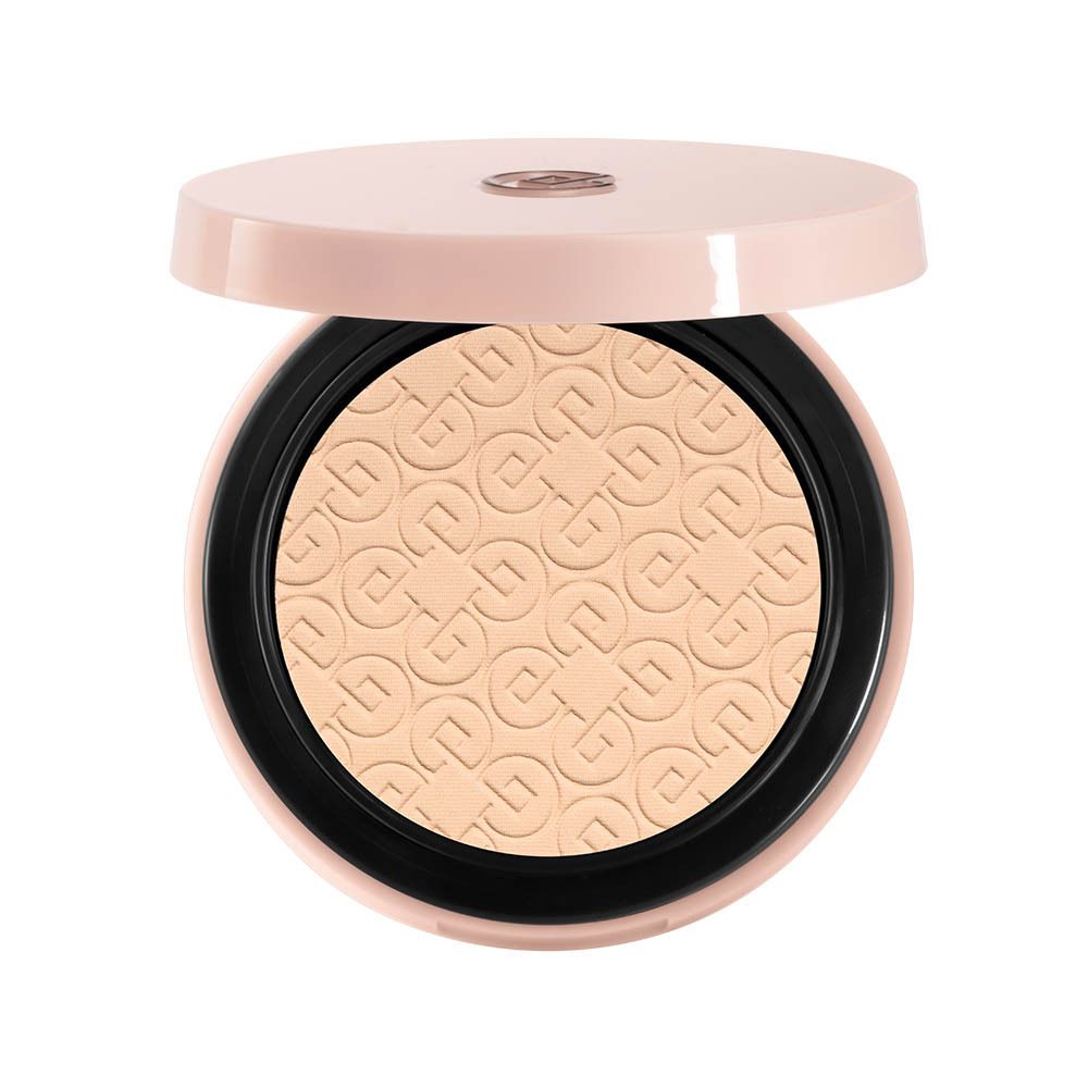 Open Collistar Impeccabile Compact Powder. Roze doosje, poeder, spiegel, logo.