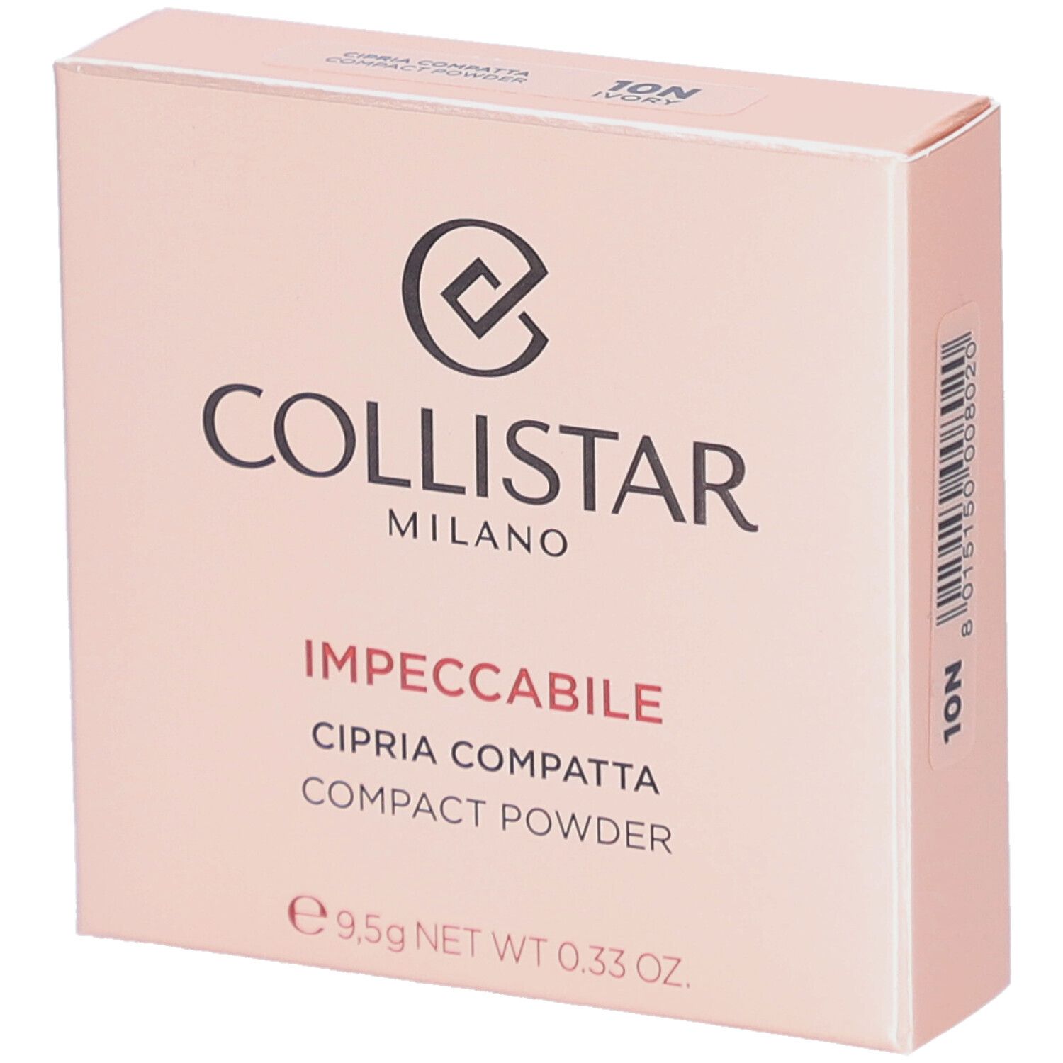 Collistar Impeccabile Compact Powder in verpakking. Roze, logo en productnaam. 9,5g.