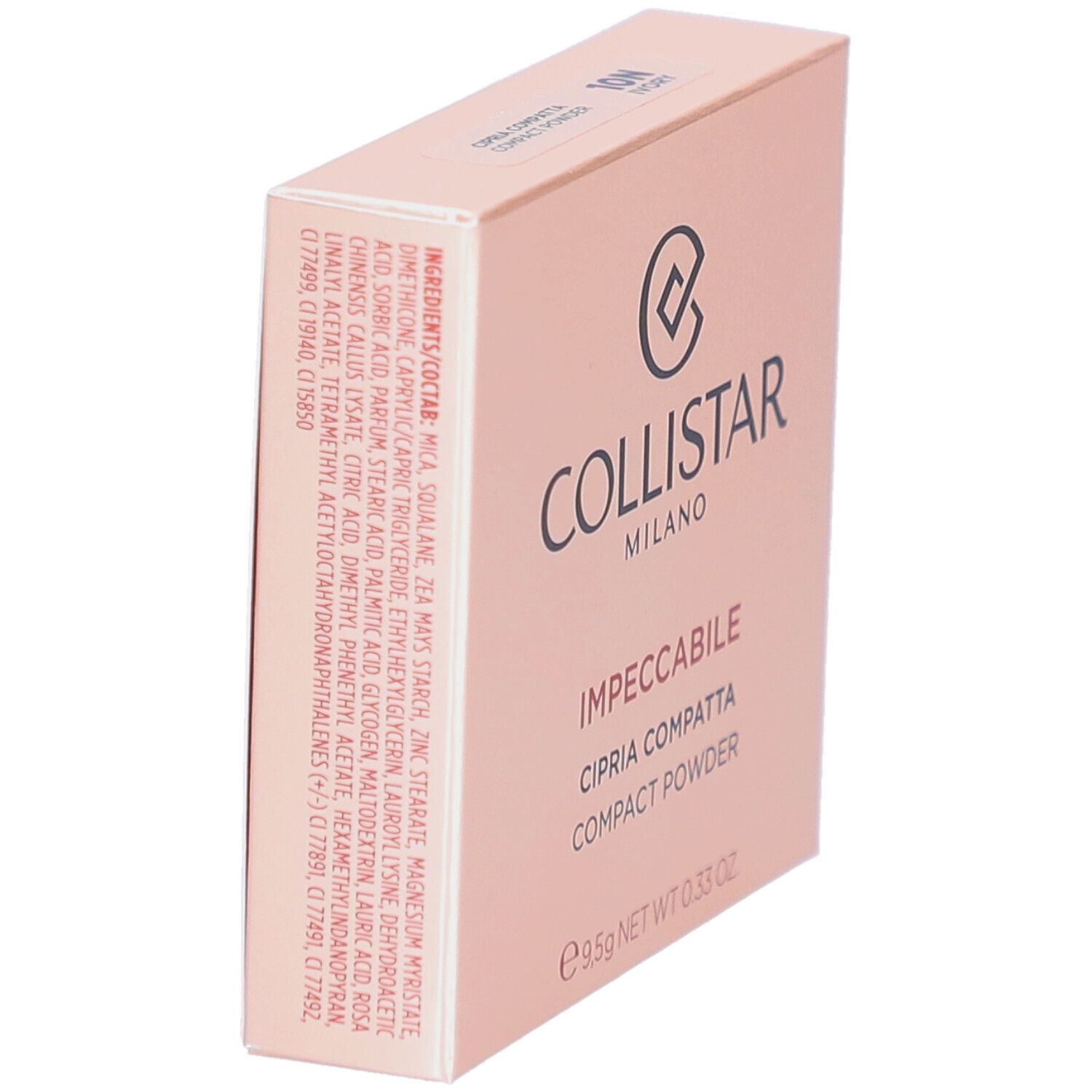 Collistar Impeccabile Compact Powder verpakking. Ingrediënten, logo en productnaam. 9,5g.