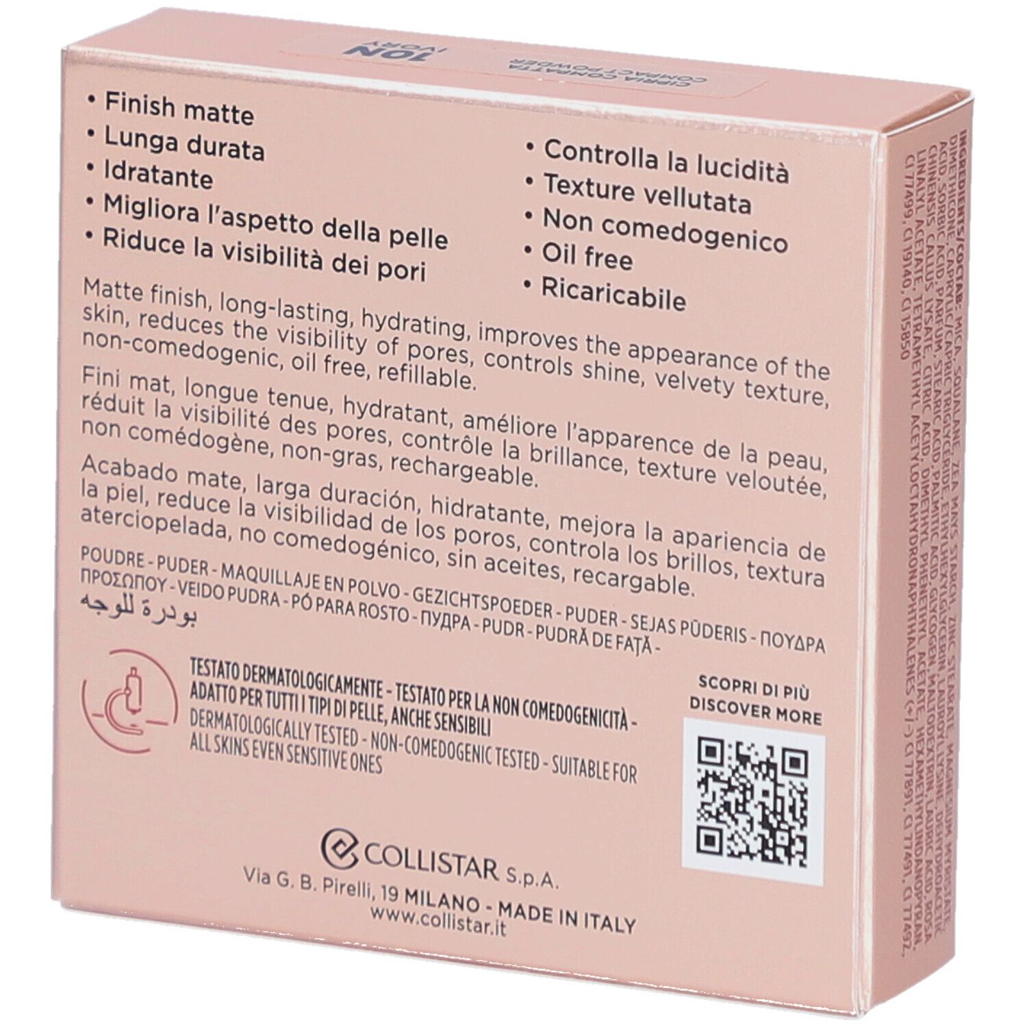 Achterkant van de Collistar Impeccabile Compact Powder verpakking. Kenmerken, QR-code, logo.