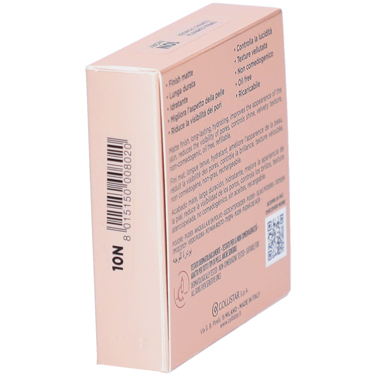 Achterkant van de Collistar Impeccabile Compact Powder verpakking. Kenmerken, QR-code, logo.