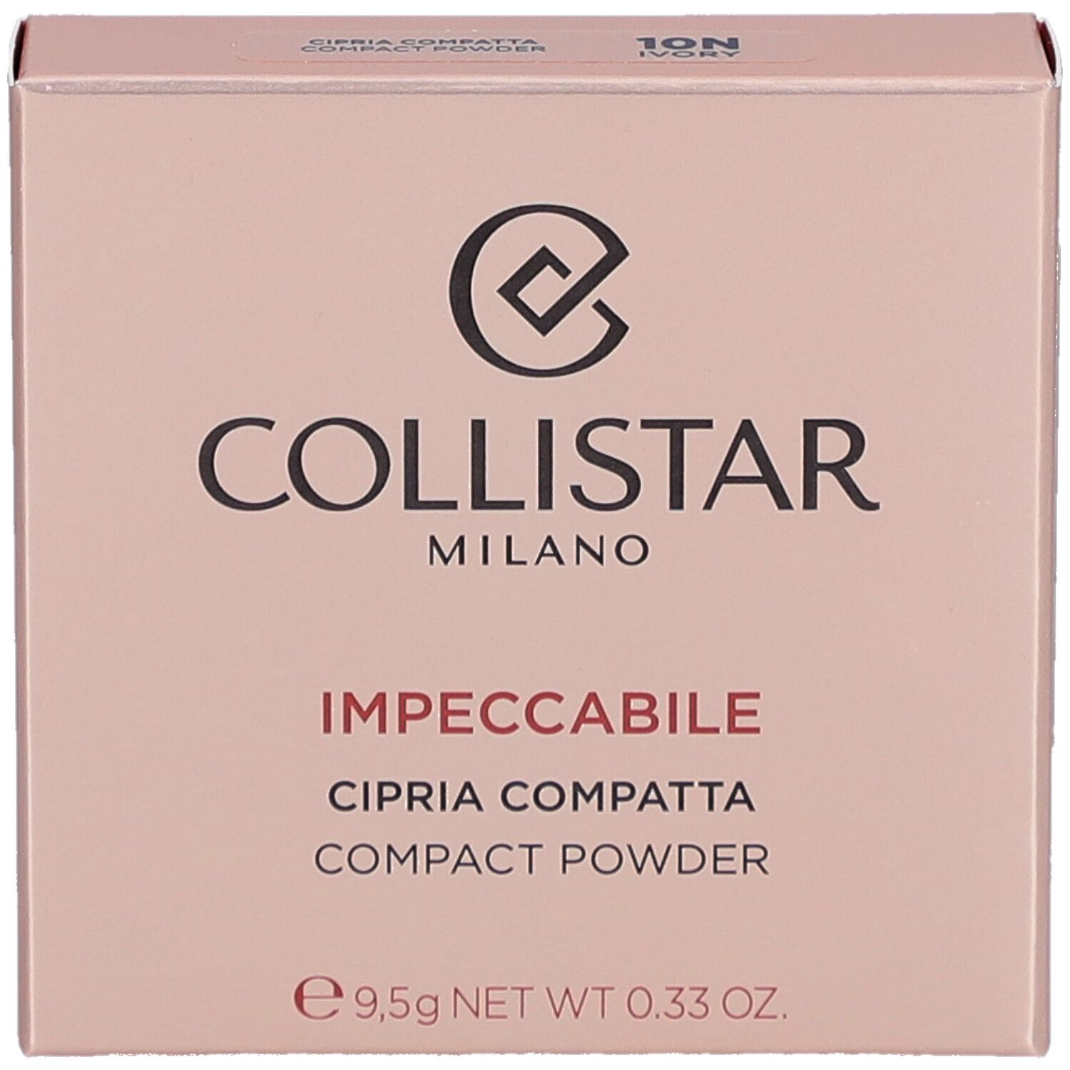 Collistar Impeccabile Compact Powder verpakking. Roze, logo, productnaam, 9,5g, 10N Ivory.