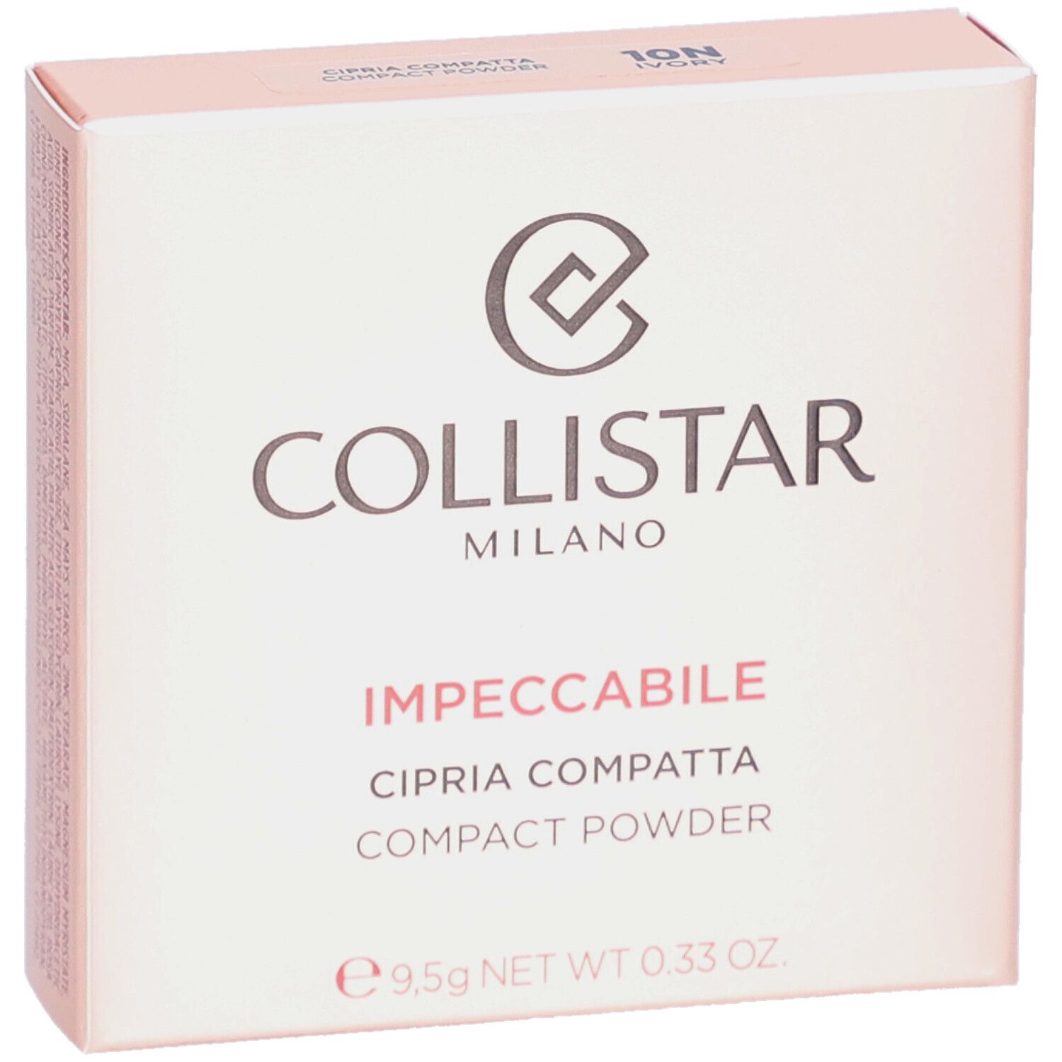 Collistar Impeccabile Compact Powder verpakking. Wit, logo, productnaam, 9,5g.