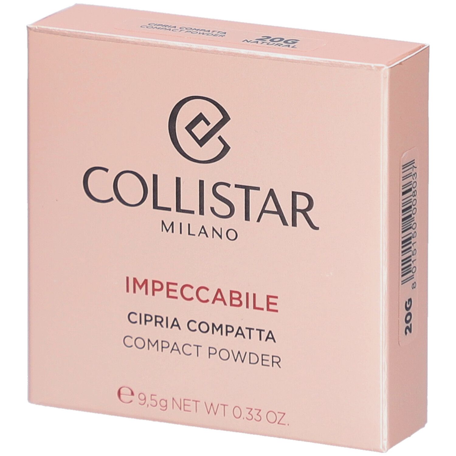 Roze doos. Opschrift: Collistar Milano, Impeccabile, Cipria Compatta, Compact Powder. 20G Natural. 9,5g NET WT 0.33 OZ.