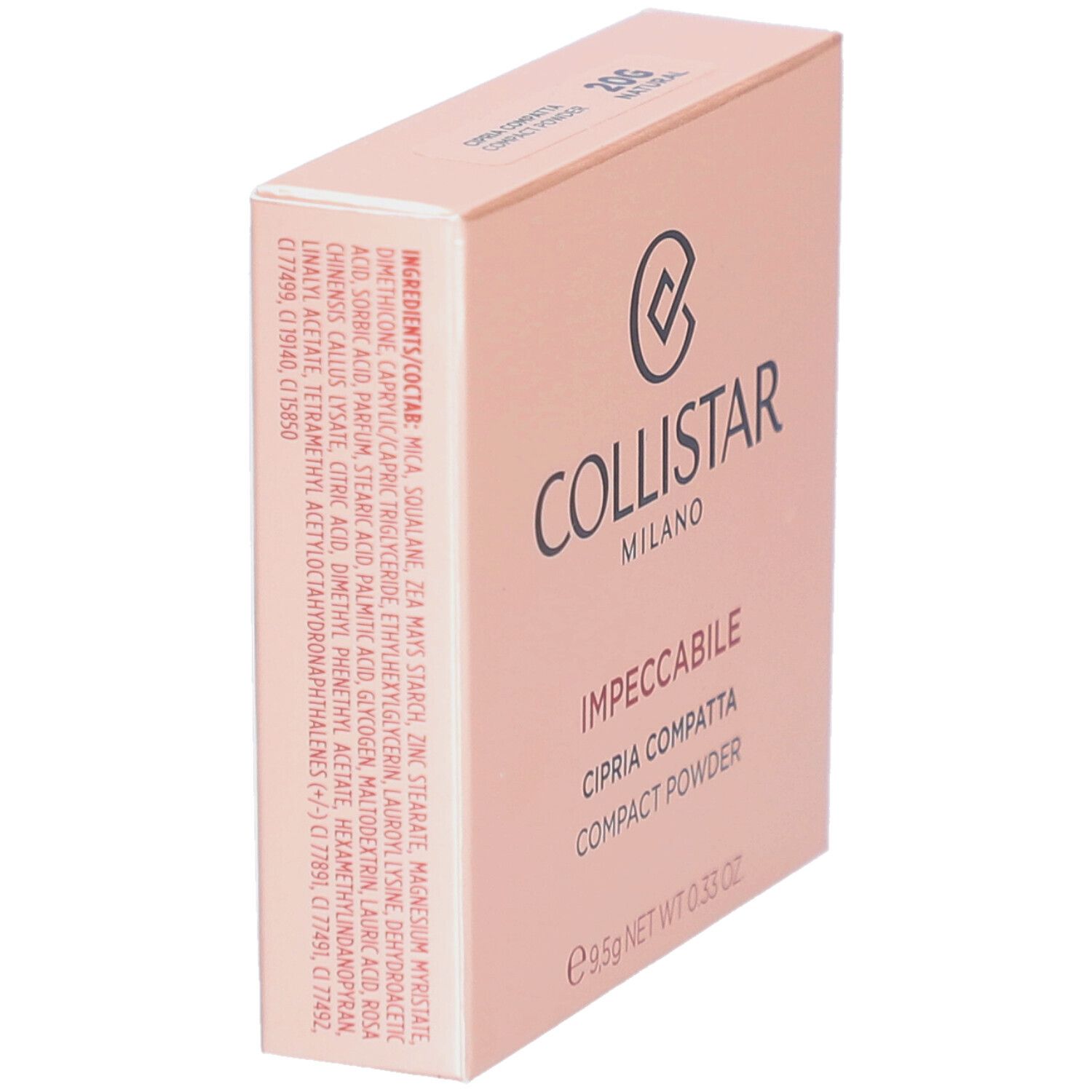 Roze doos. Opschrift: Collistar Milano, Impeccabile, Cipria Compatta, Compact Powder. 20G Natural. 9,5g NET WT 0.33 OZ. Ingrediëntenlijst.