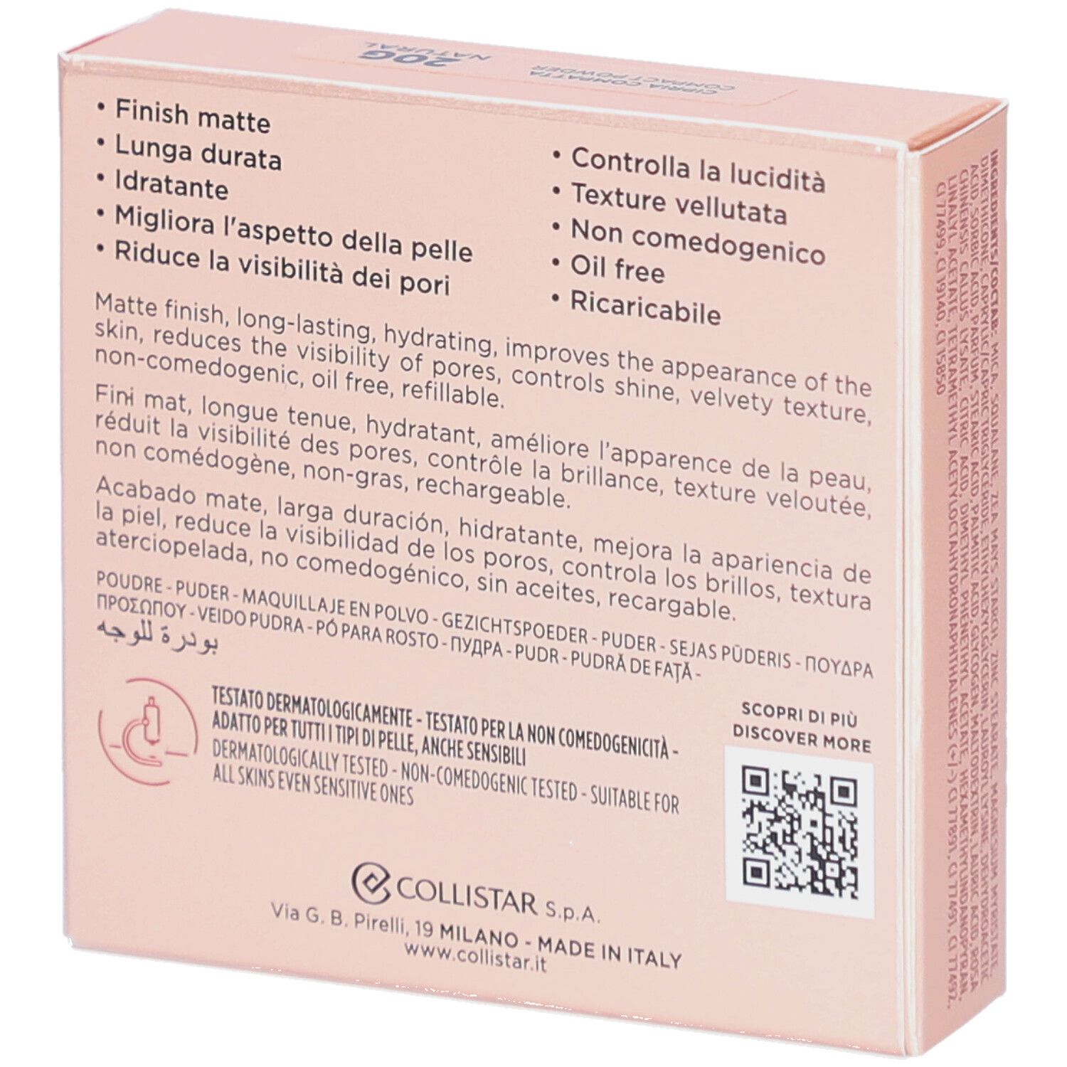 Achterkant roze doos. Tekst: Matte finish, lange houdbaarheid, hydraterend, verbetert huid, vermindert poriën, olievrij.