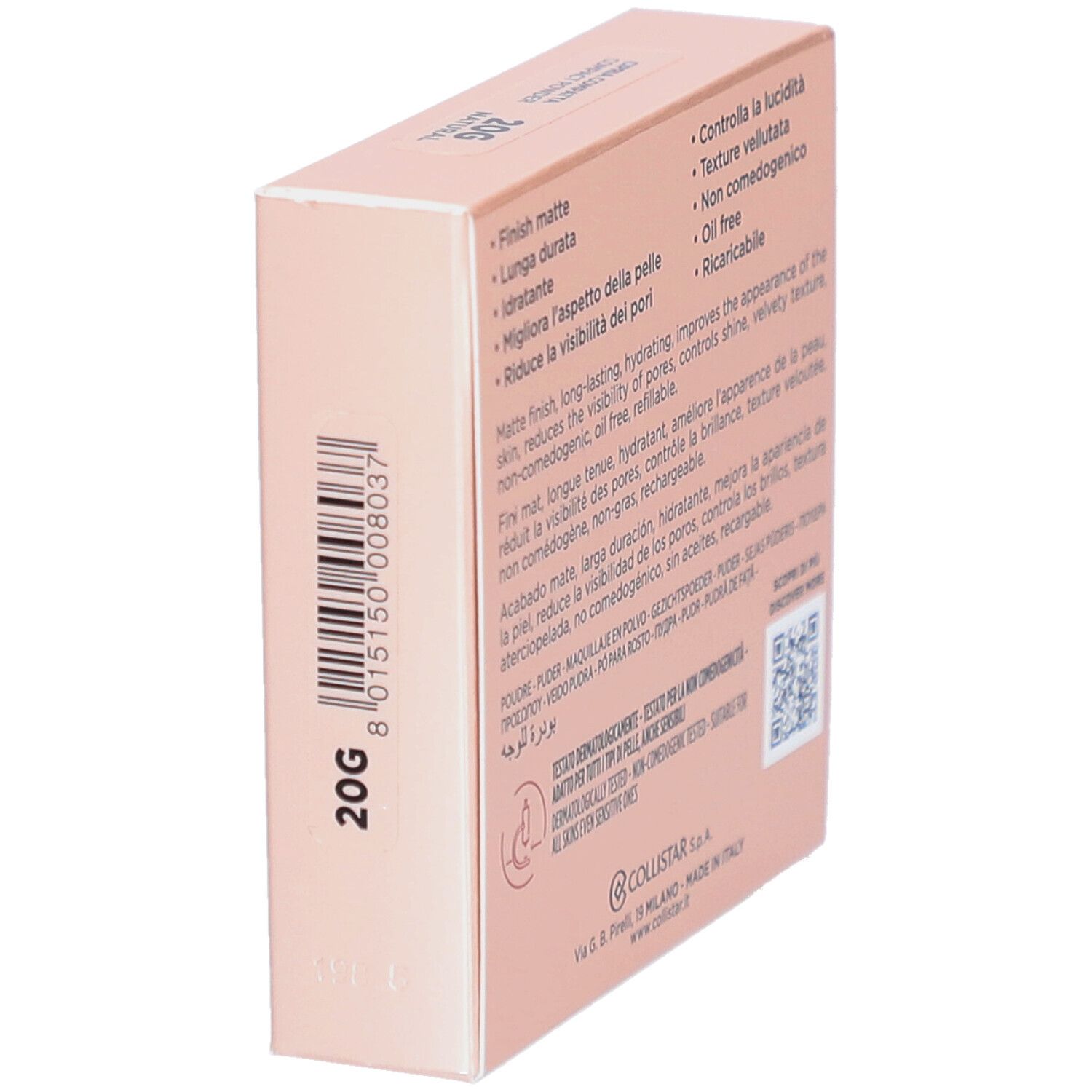 Zijkant roze doos. Opschrift: 20G. Tekst: Matte finish, lange houdbaarheid, hydraterend, verbetert huid, vermindert poriën, olievrij.