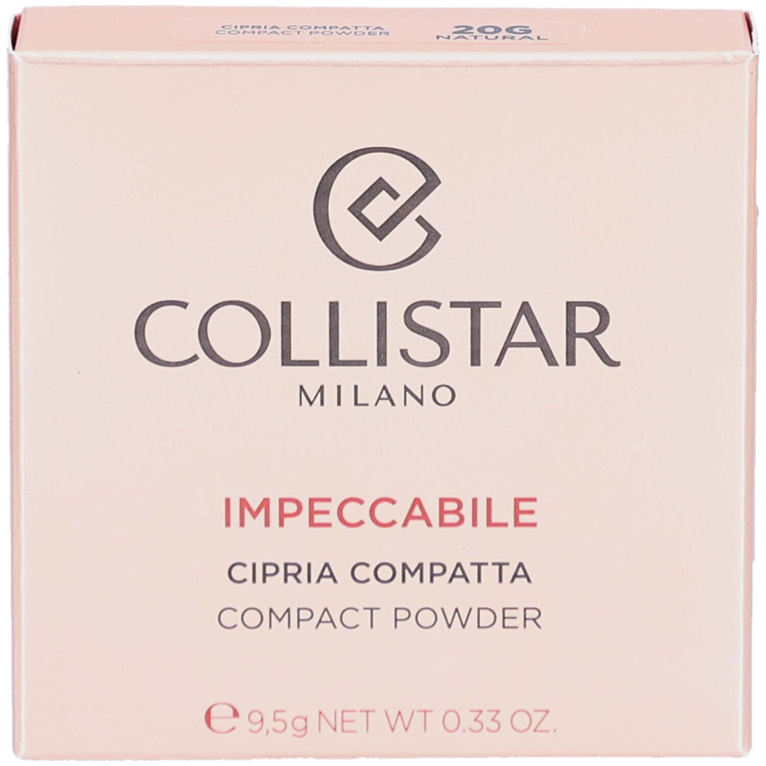 Roze doos. Opschrift: Collistar Milano, Impeccabile, Cipria Compatta, Compact Powder. 20G Natural. 9,5g NET WT 0.33 OZ.