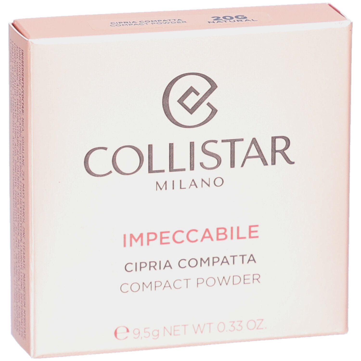 Roze doos. Opschrift: Collistar Milano, Impeccabile, Cipria Compatta, Compact Powder. 20G Natural. 9,5g NET WT 0.33 OZ.