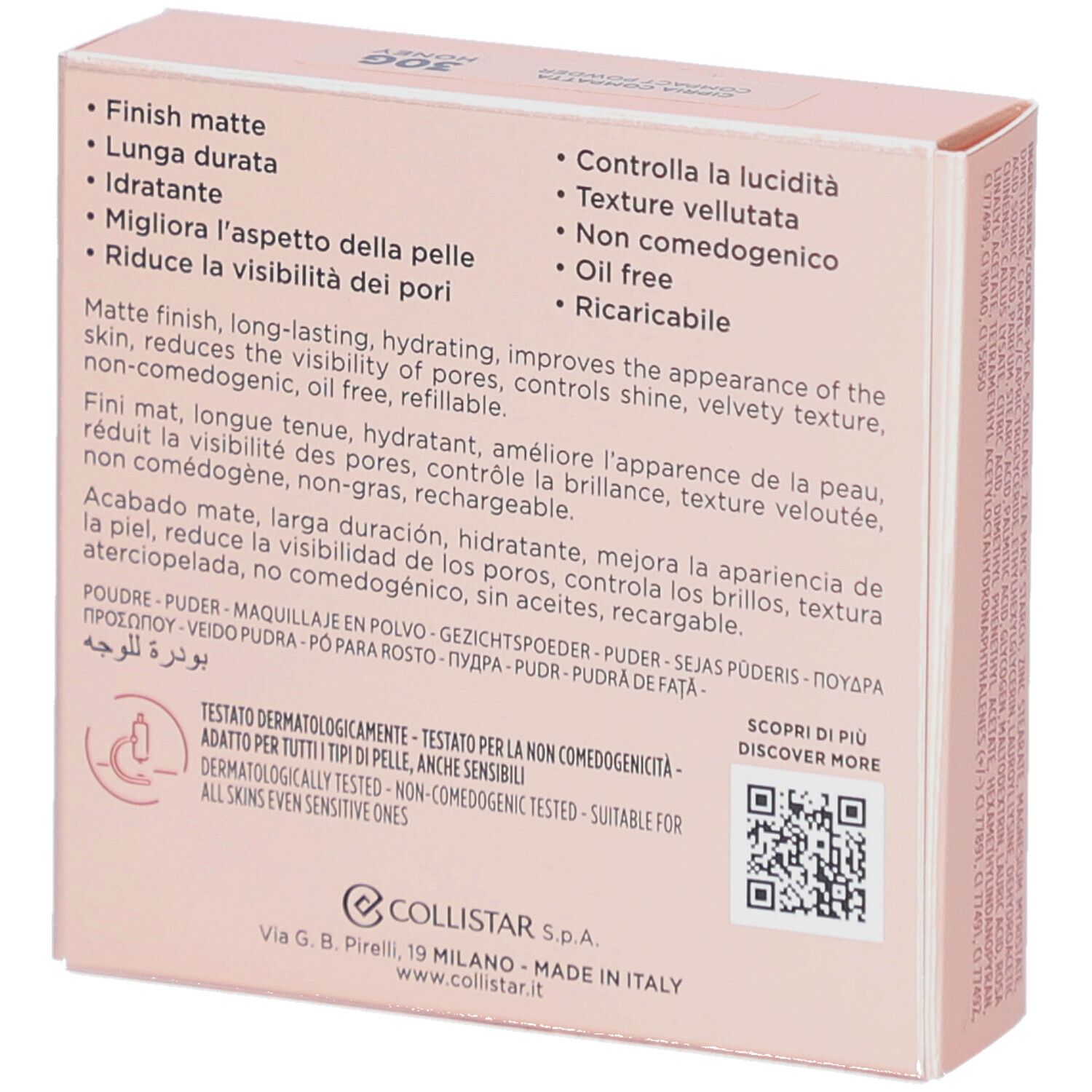 Achterkant compact poeder verpakking. Meertalige tekst. Merk Collistar.