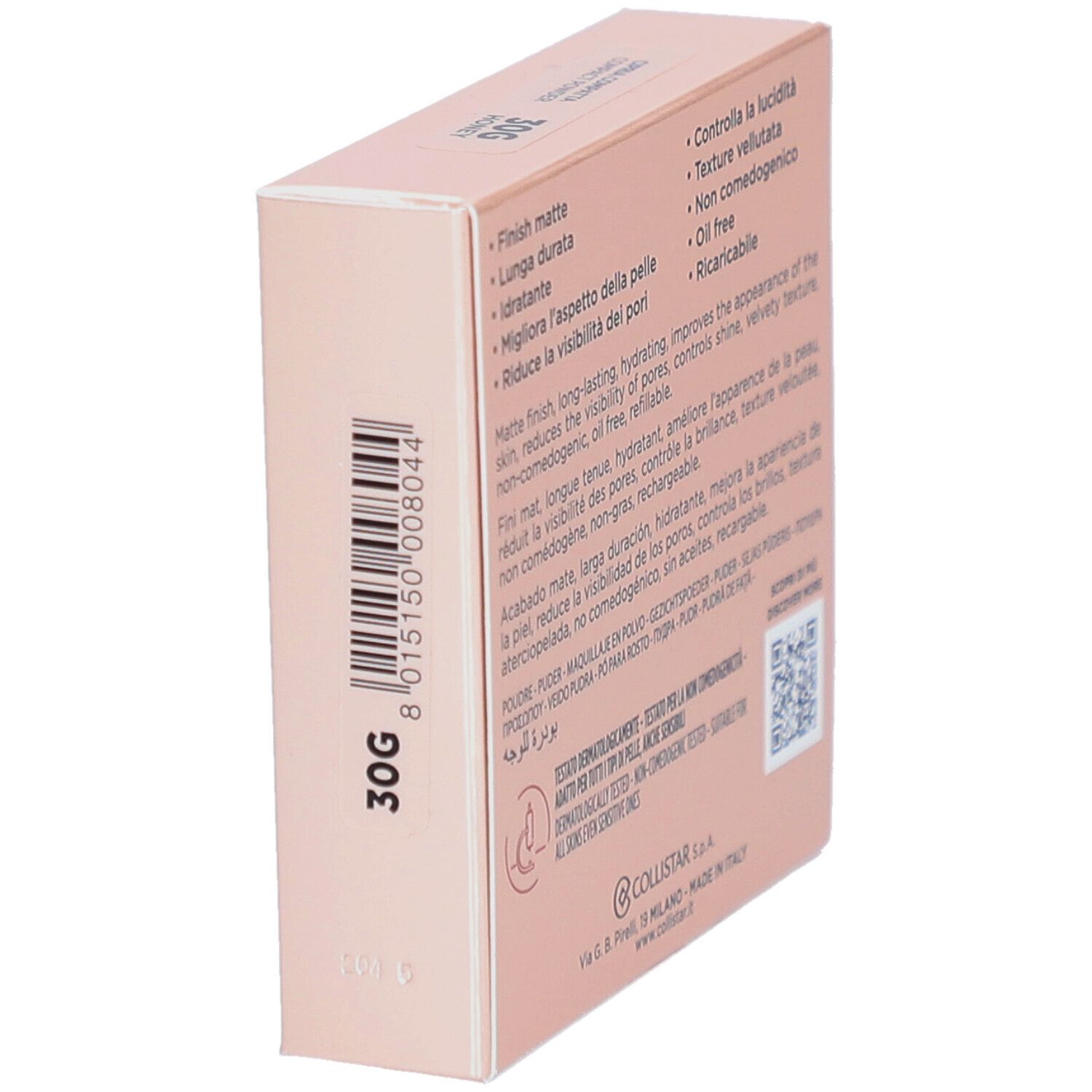 Achterkant compact poeder verpakking. Meertalige tekst. Merk Collistar.