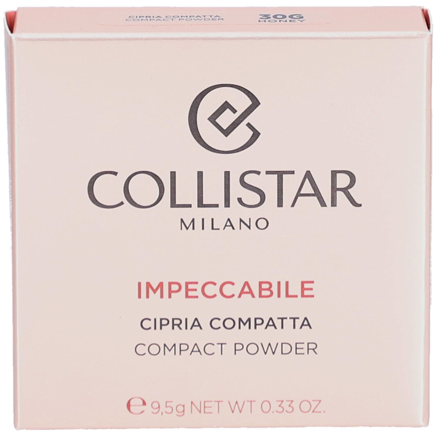 Compact poeder verpakking. Collistar Impeccabile, roze, 30G Honey. Logo en tekst.