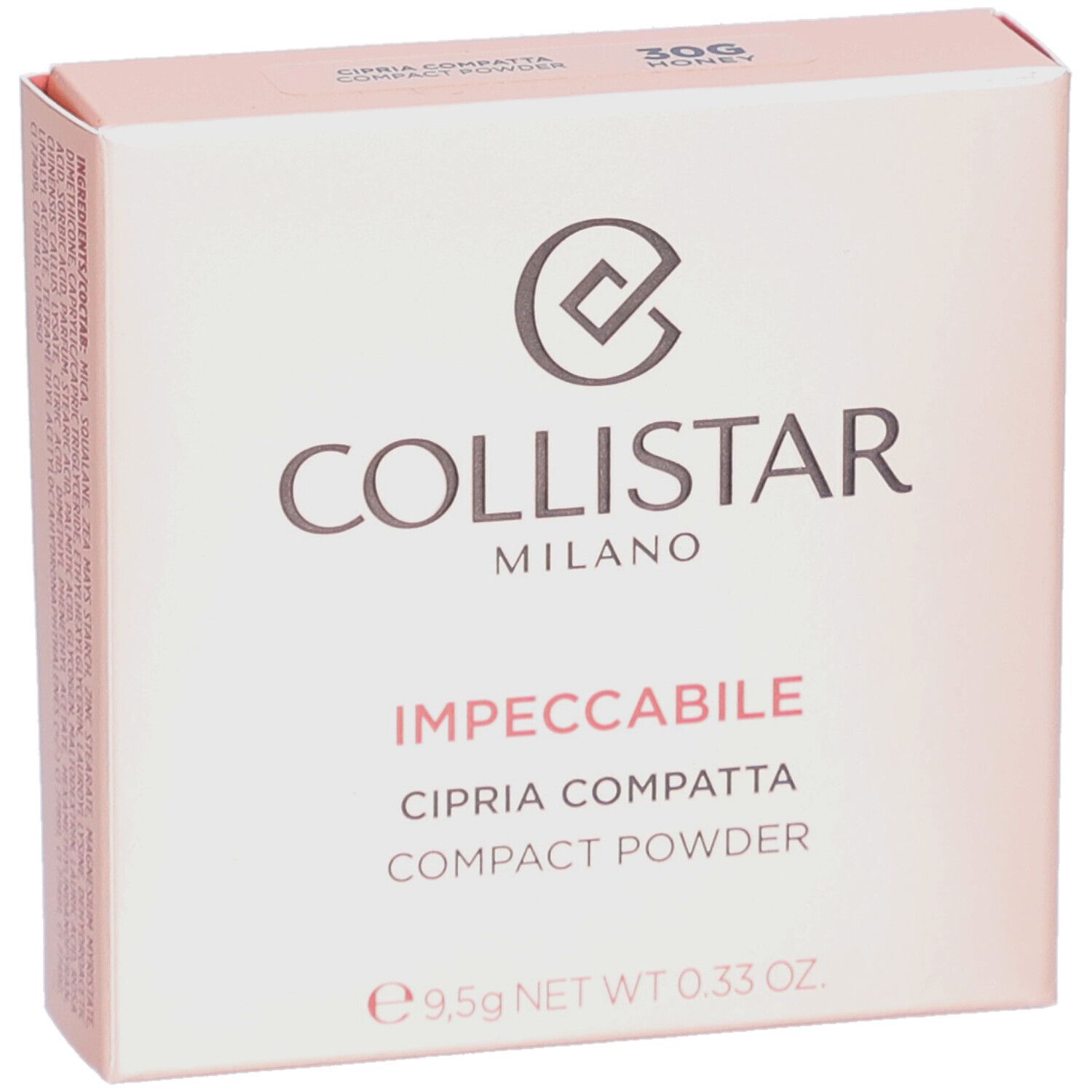 Compact poeder verpakking. Collistar Impeccabile, roze, 30G Honey. Logo en tekst.