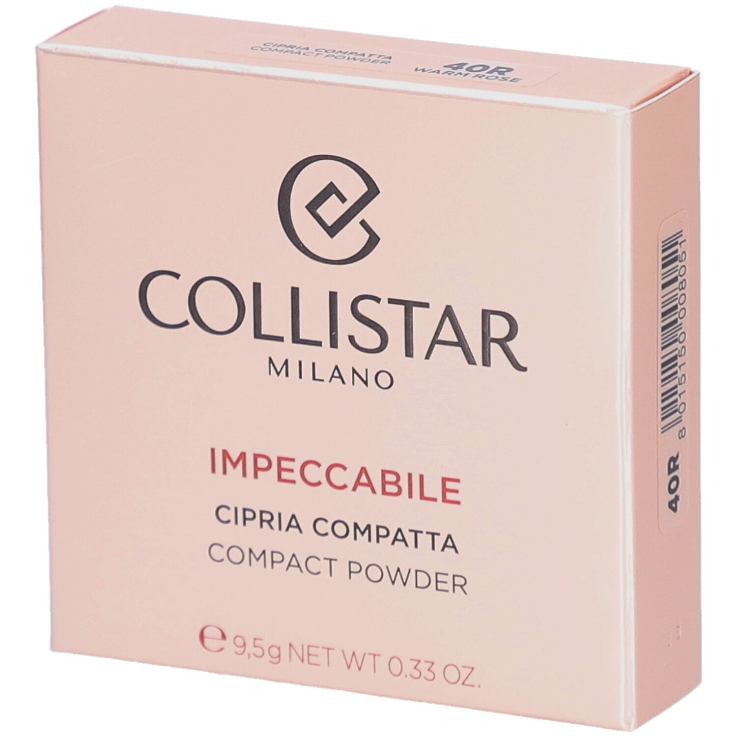 Roze Collistar poederverpakking. Logo en productnaam. 40R Warm Rose. 9,5g.