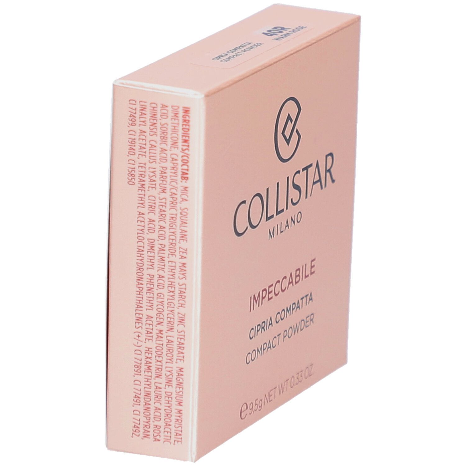 Schuin geplaatste Collistar poederverpakking. Logo en productnaam. Ingrediënten.