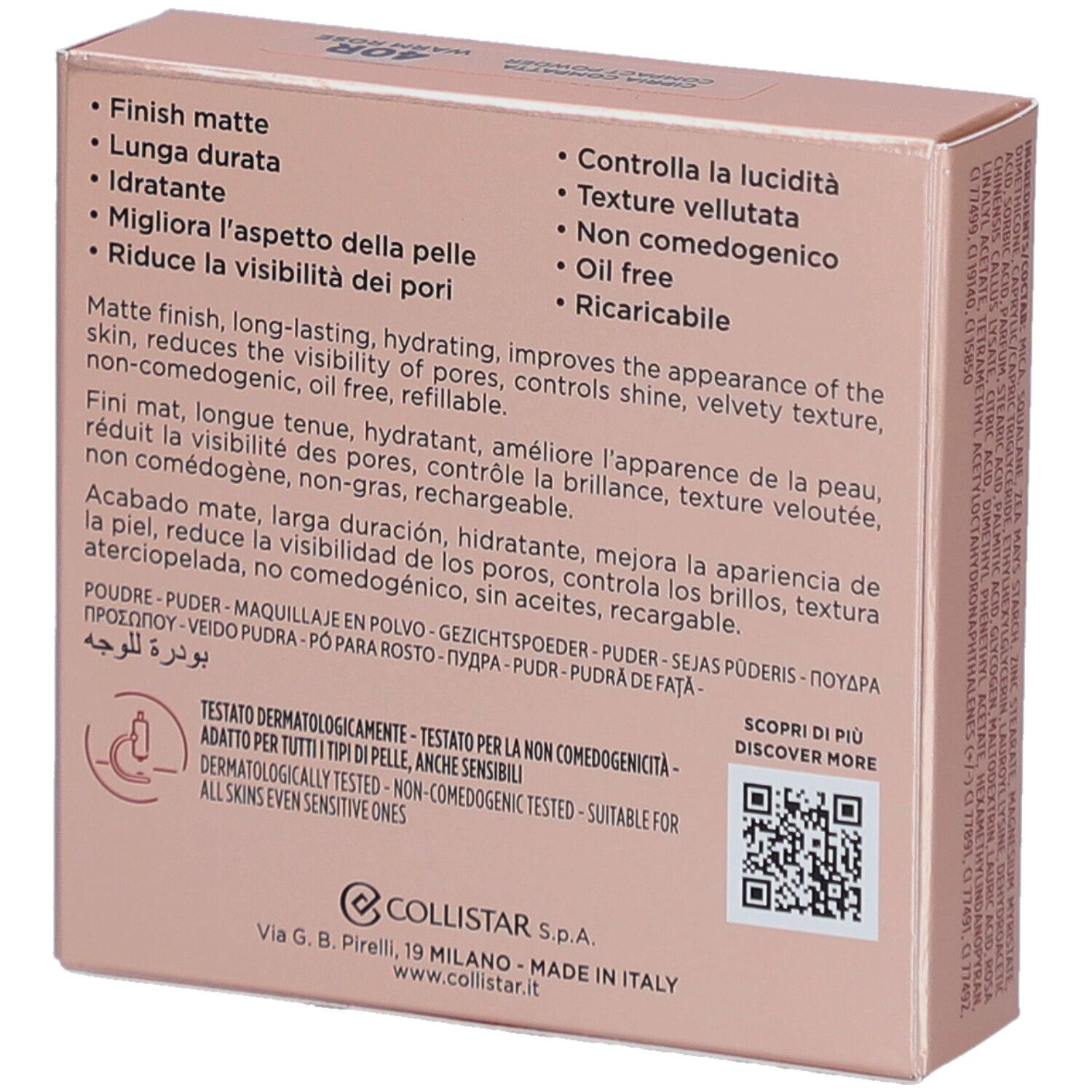 Achterkant van de Collistar poederverpakking. Productkenmerken en QR-code.