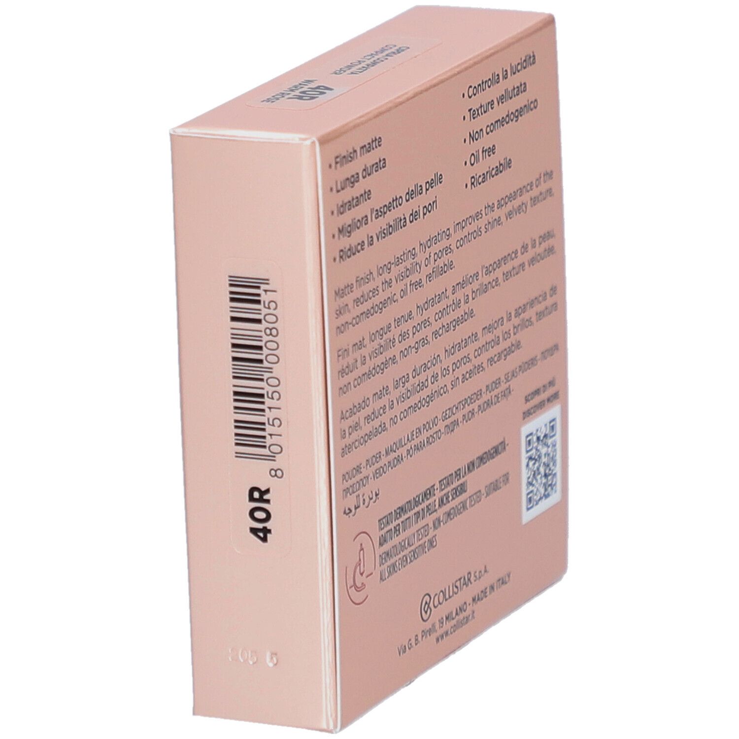 Schuin geplaatste Collistar poederverpakking. Productkenmerken en QR-code.