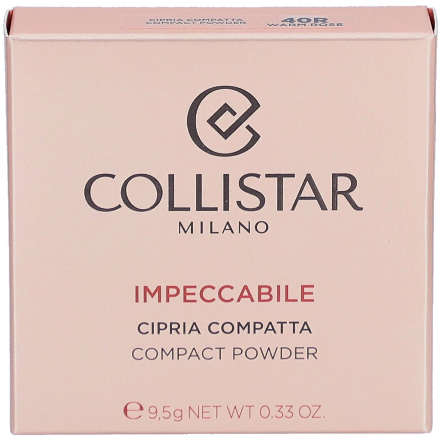 Roze Collistar poederverpakking. Logo en productnaam. 40R Warm Rose. 9,5g.