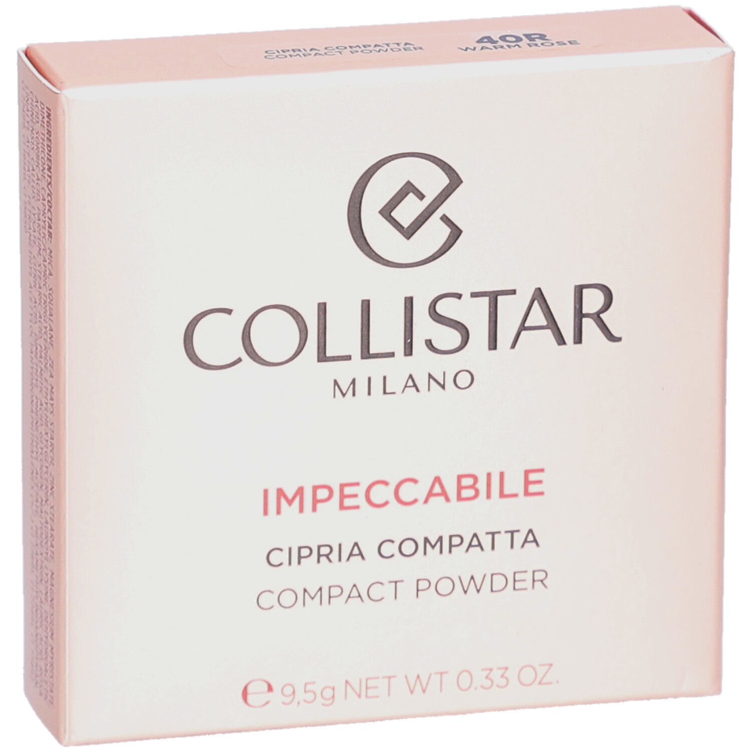 Roze Collistar poederverpakking. Logo en productnaam. 40R Warm Rose. 9,5g.