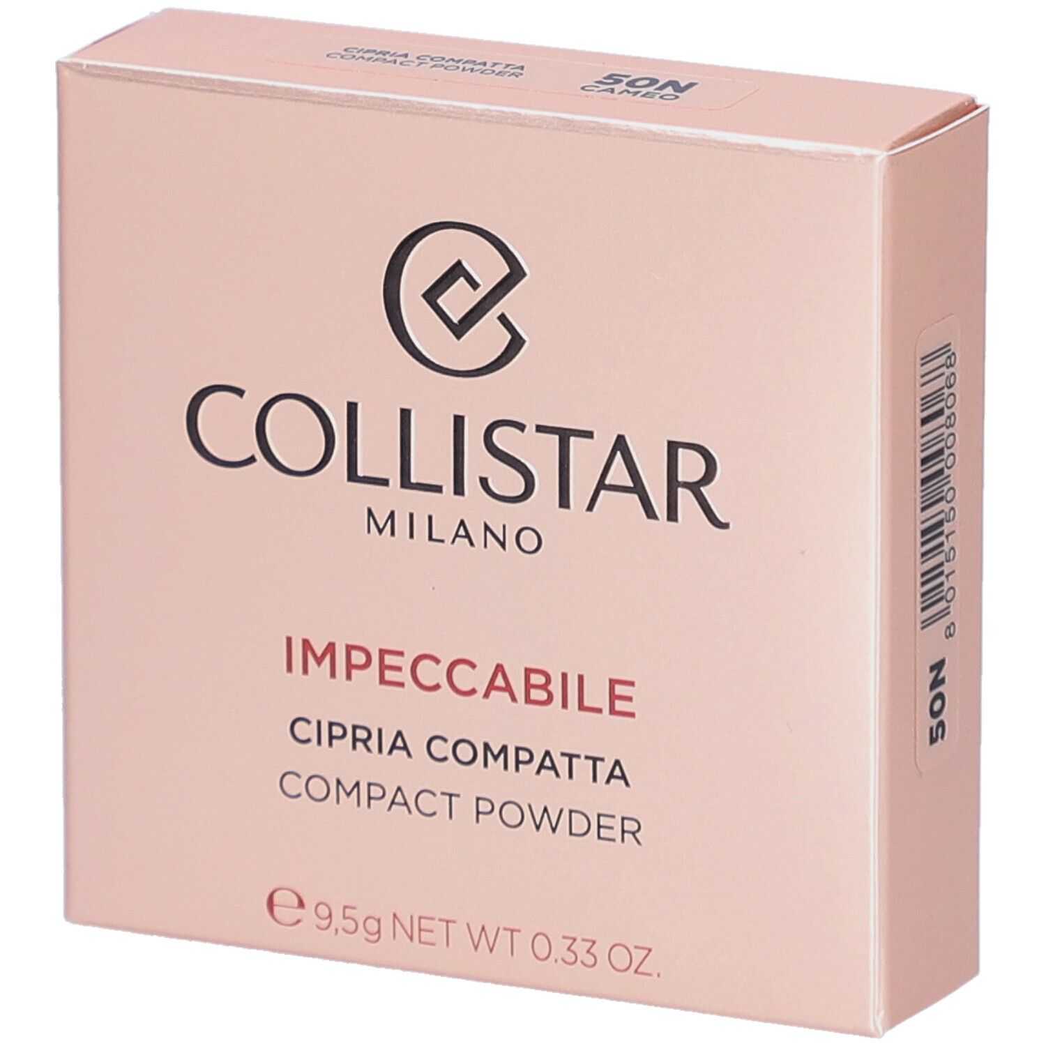 Roze doos. Opschrift: Collistar Milano, Impeccabile, Cipria Compatta, Compact Powder. 9,5g.