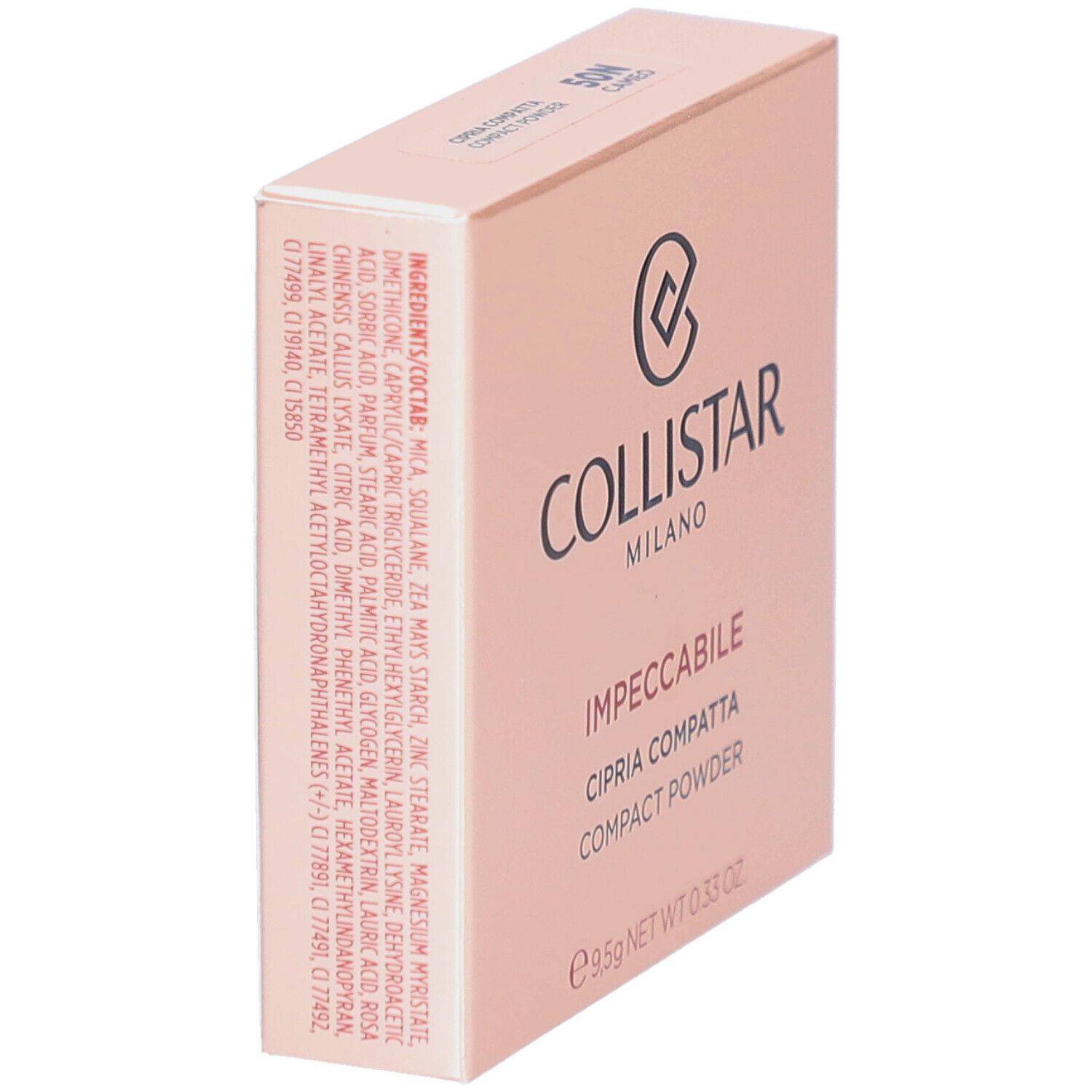 Roze doos. Opschrift: Collistar Milano, Impeccabile, Cipria Compatta, Compact Powder. Ingrediënten.