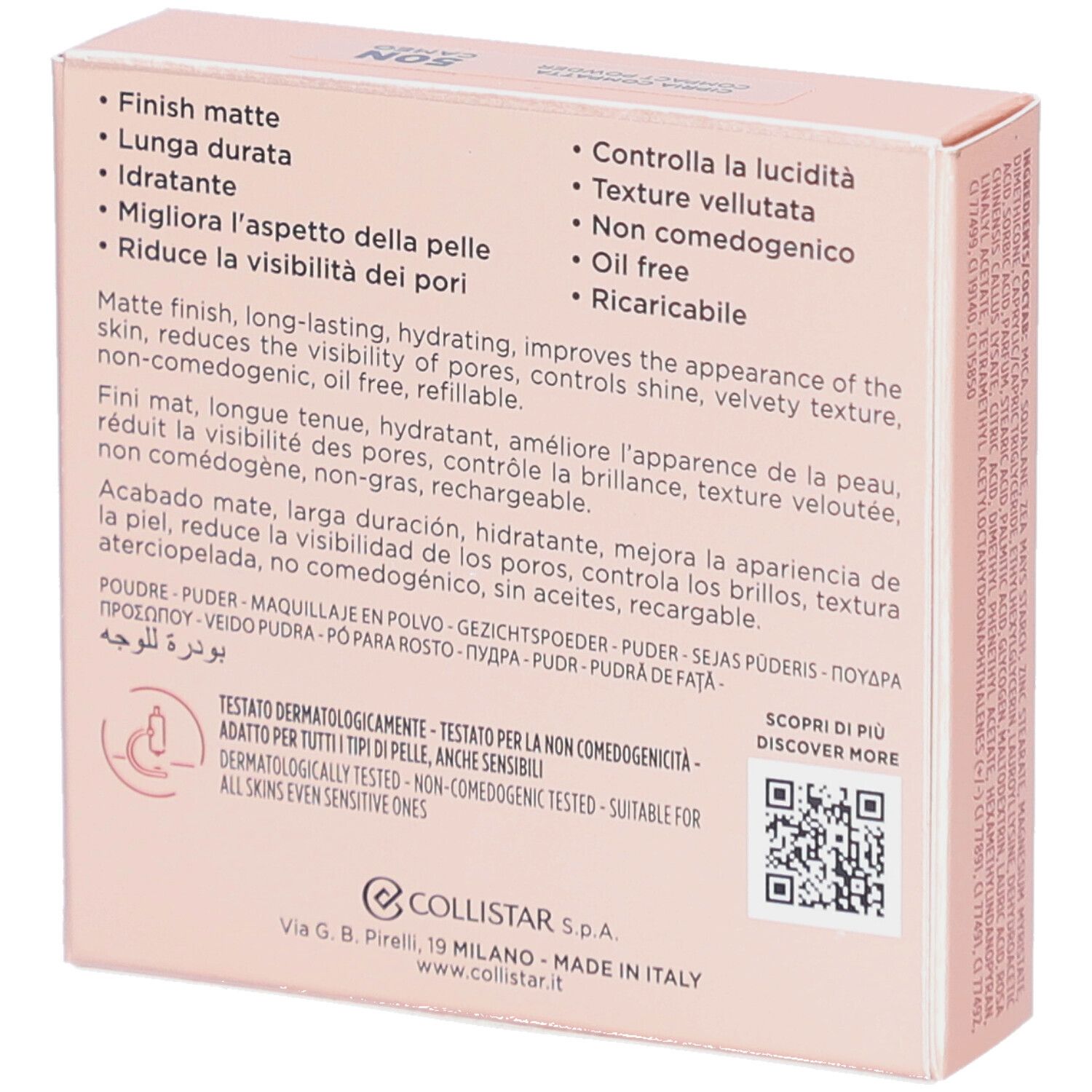 Roze doos. Opschrift: Collistar Milano, Impeccabile, Cipria Compatta, Compact Powder. Eigenschappen.