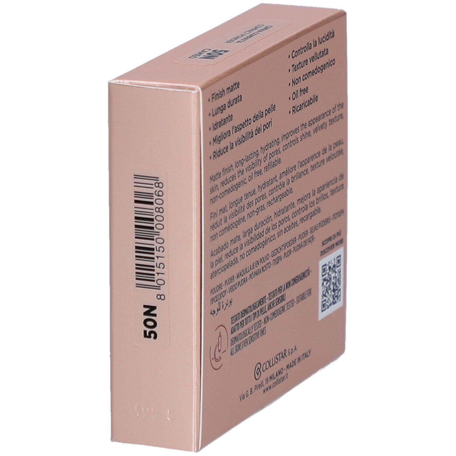 Roze doos. Opschrift: Collistar Milano, Impeccabile, Cipria Compatta, Compact Powder. 50N.
