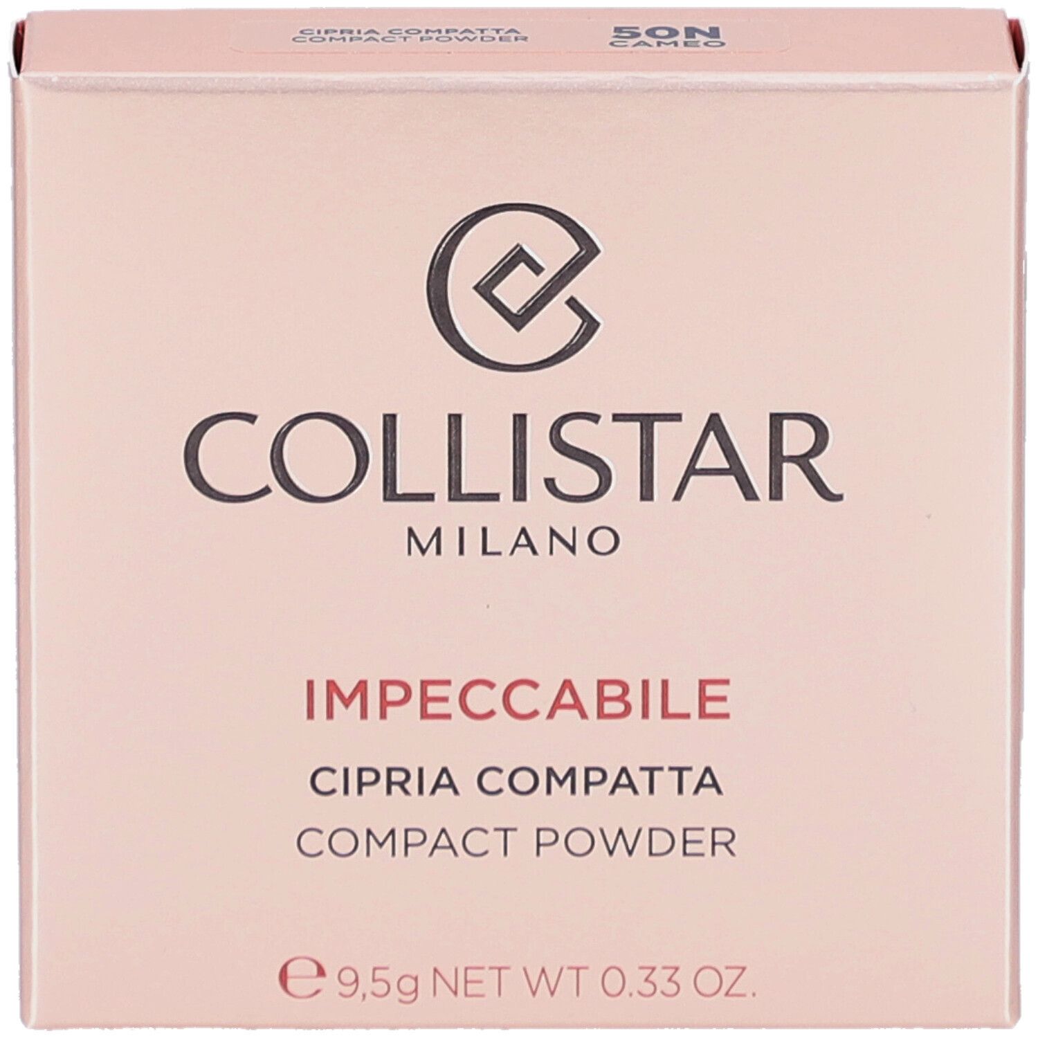 Roze doos. Opschrift: Collistar Milano, Impeccabile, Cipria Compatta, Compact Powder. 9,5g.