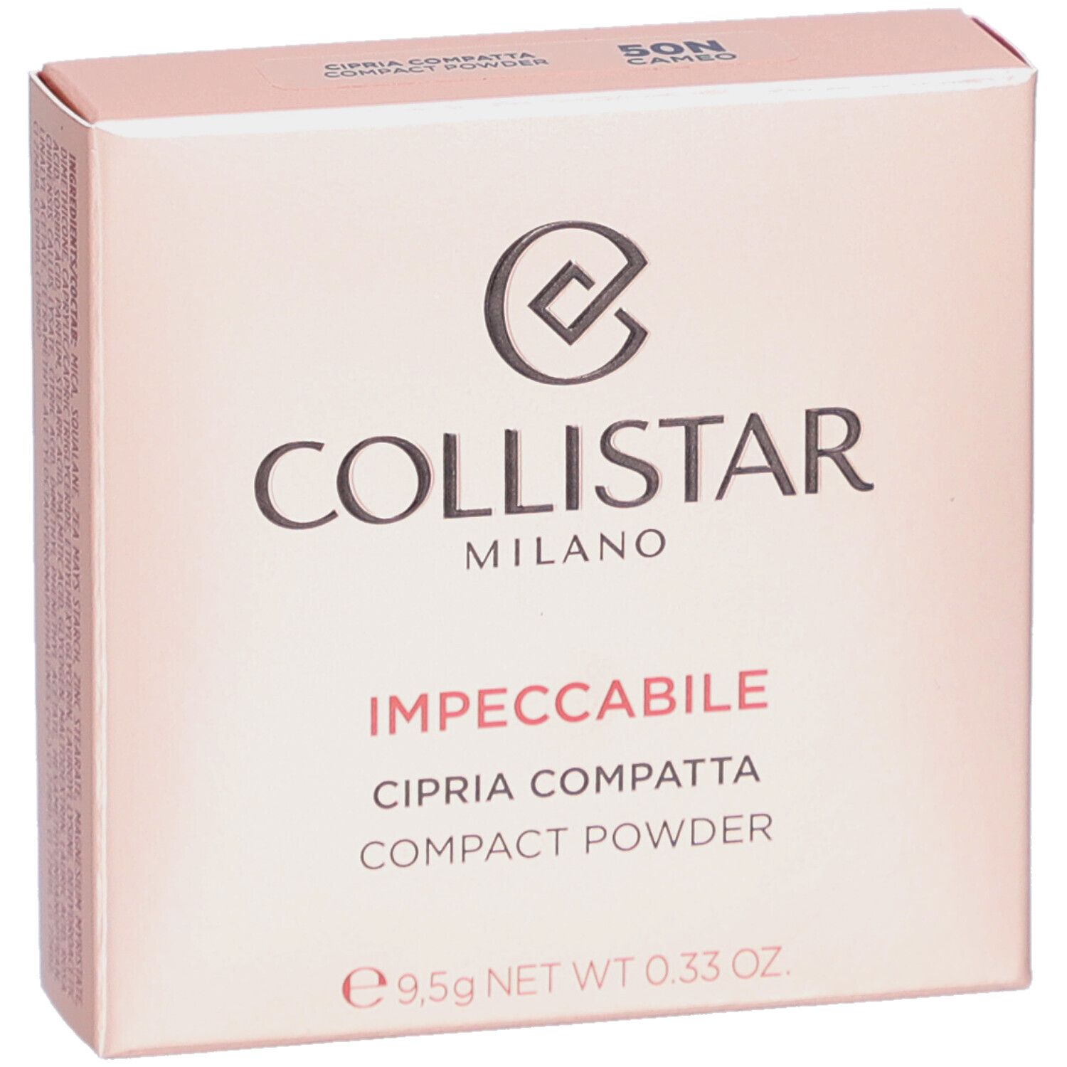Roze doos. Opschrift: Collistar Milano, Impeccabile, Cipria Compatta, Compact Powder. 9,5g.